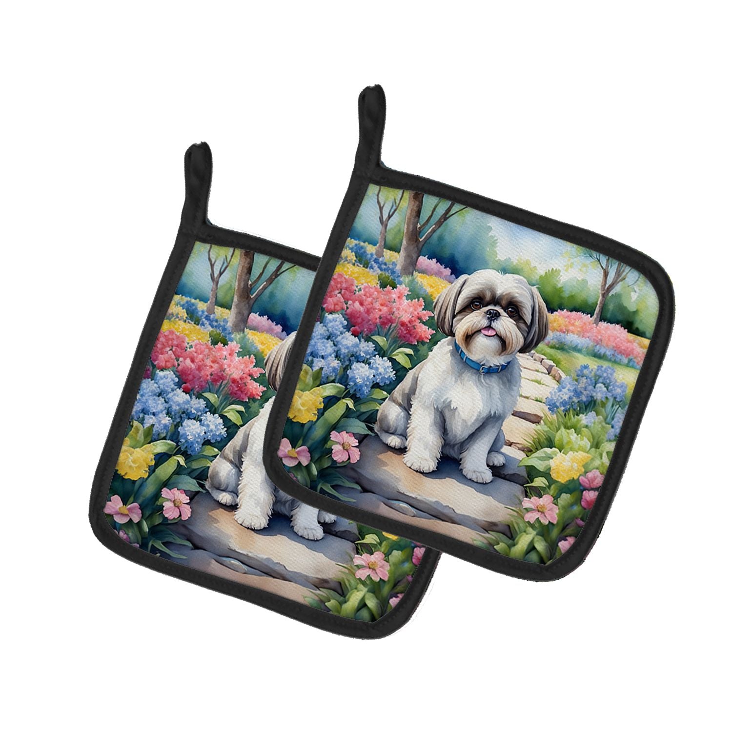 Shih Tzu Spring Path Pair of Pot Holders Kitchen Heat Resistant Pot Holders Sets Oven Hot Pads for Cooking Baking BBQ, 7 1/2 x 7