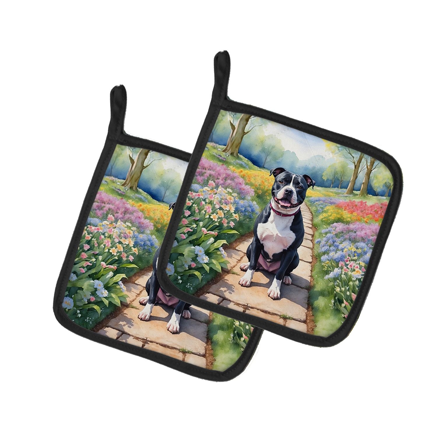 NEW Staffordshire Bull Terrier Spring Path Pair of Pot Holders Kitchen Heat Resistant Pot Holders Sets Oven Hot Pads for Cooking