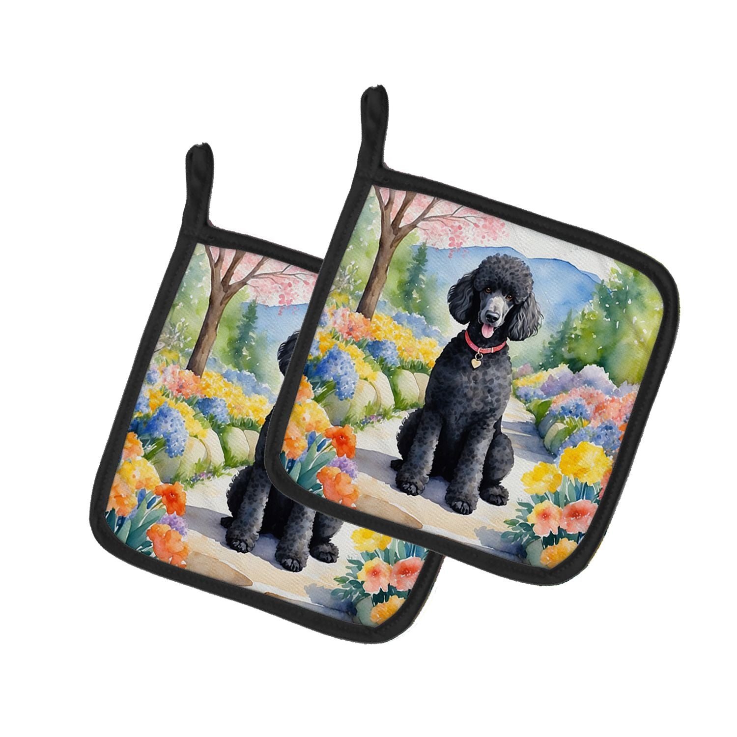 Black Poodle Spring Path Pair of Pot Holders Kitchen Heat Resistant Pot Holders Sets Oven Hot Pads for Cooking Baking BBQ, 7 1/2