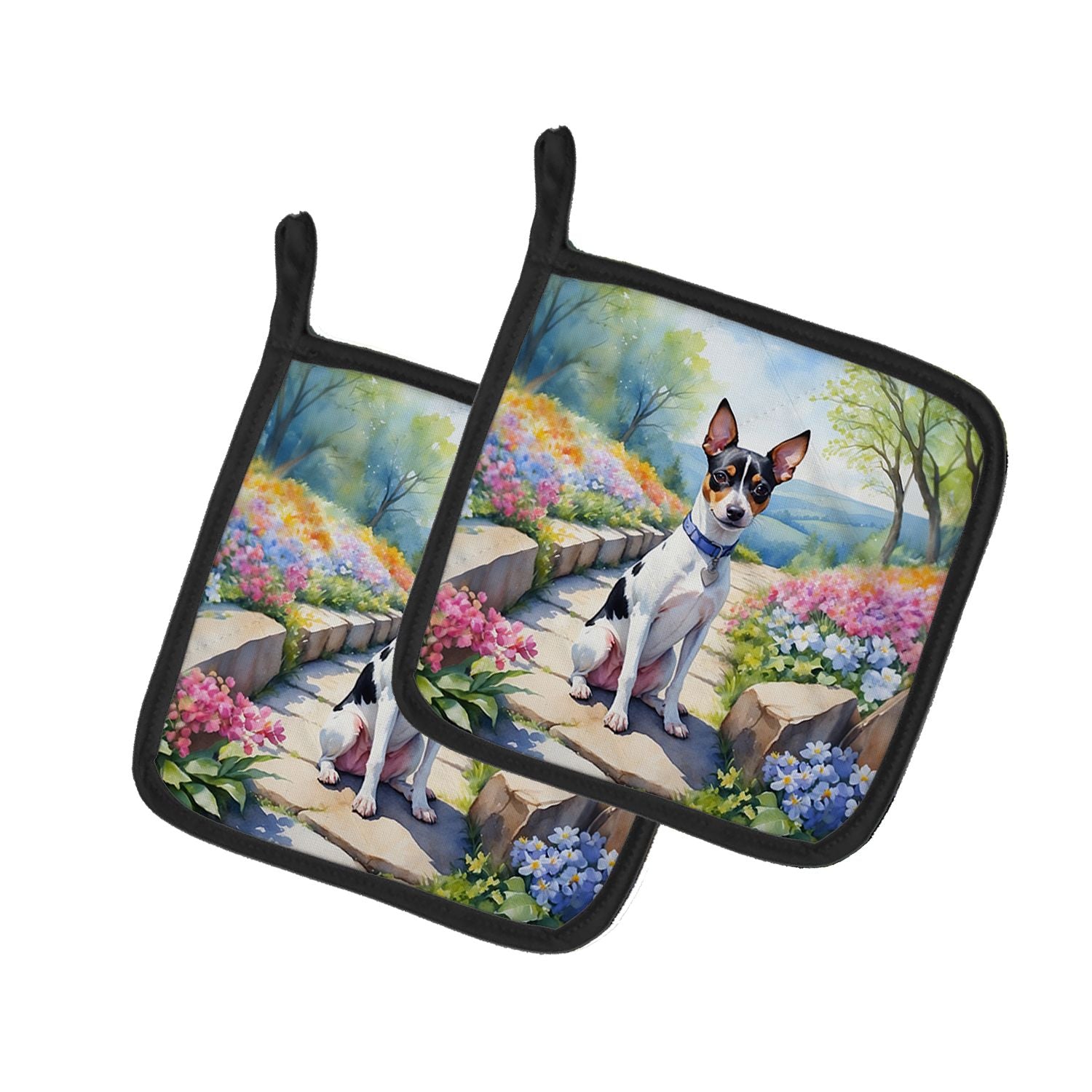 Rat Terrier Spring Path Pair of Pot Holders Kitchen Heat Resistant Pot Holders Sets Oven Hot Pads for Cooking Baking BBQ, 7 1/2 