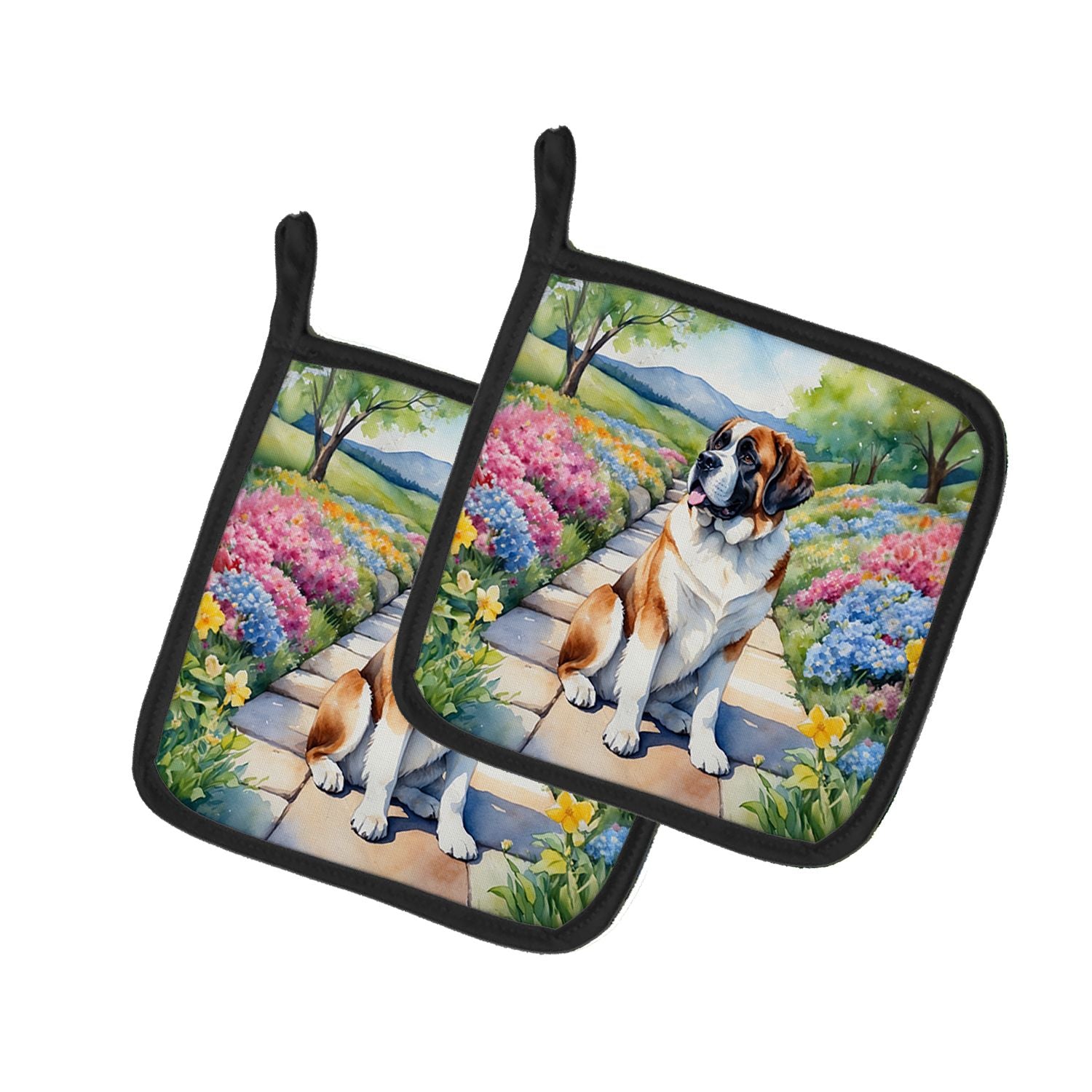 Saint Bernard Spring Path Pair of Pot Holders Kitchen Heat Resistant Pot Holders Sets Oven Hot Pads for Cooking Baking BBQ, 7 1/
