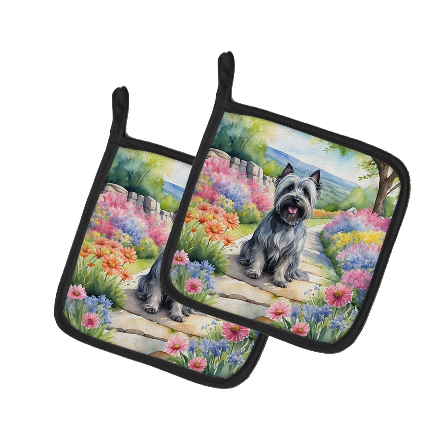 Skye Terrier Spring Path Pair of Pot Holders Kitchen Heat Resistant Pot Holders Sets Oven Hot Pads for Cooking Baking BBQ, 7 1/2