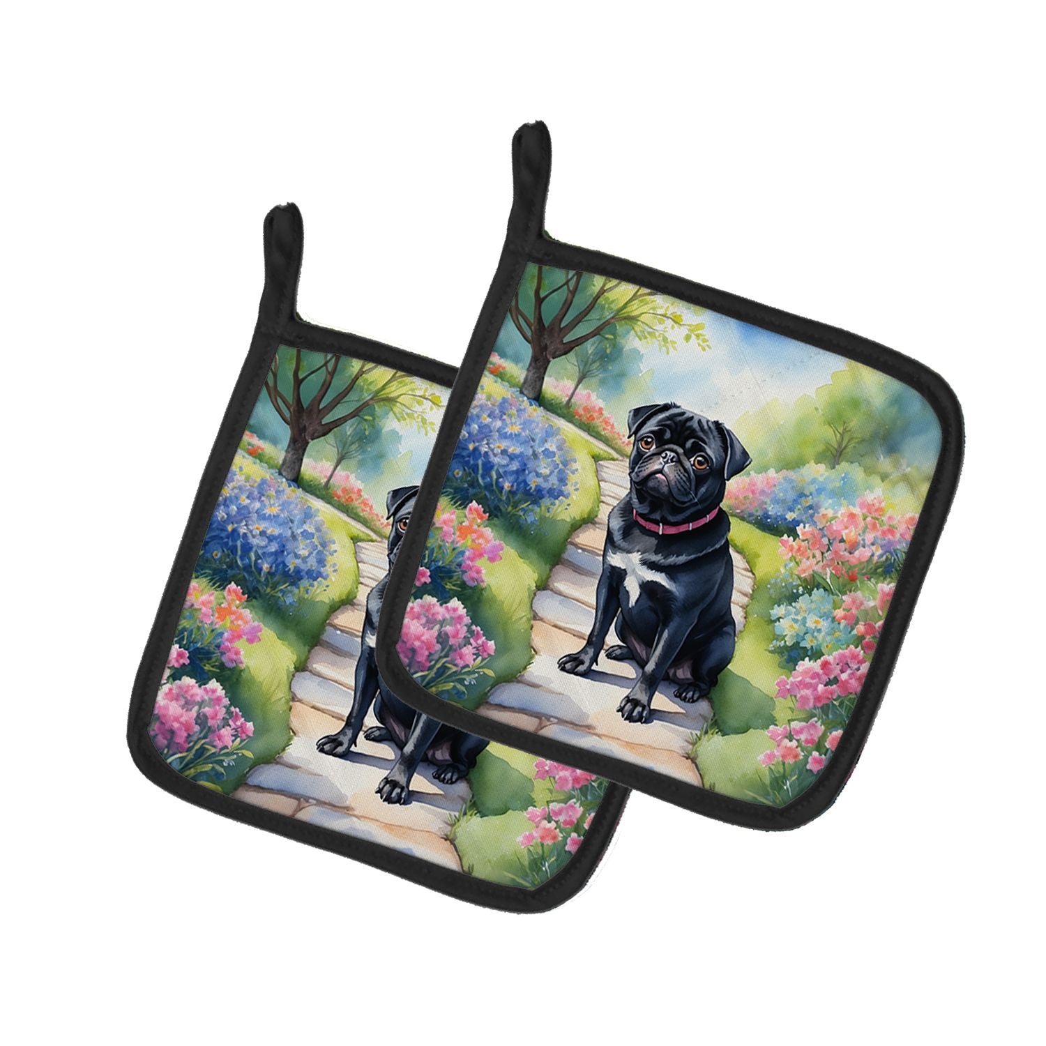 Black Pug Spring Path Pair of Pot Holders Kitchen Heat Resistant Pot Holders Sets Oven Hot Pads for Cooking Baking BBQ, 7 1/2 x 