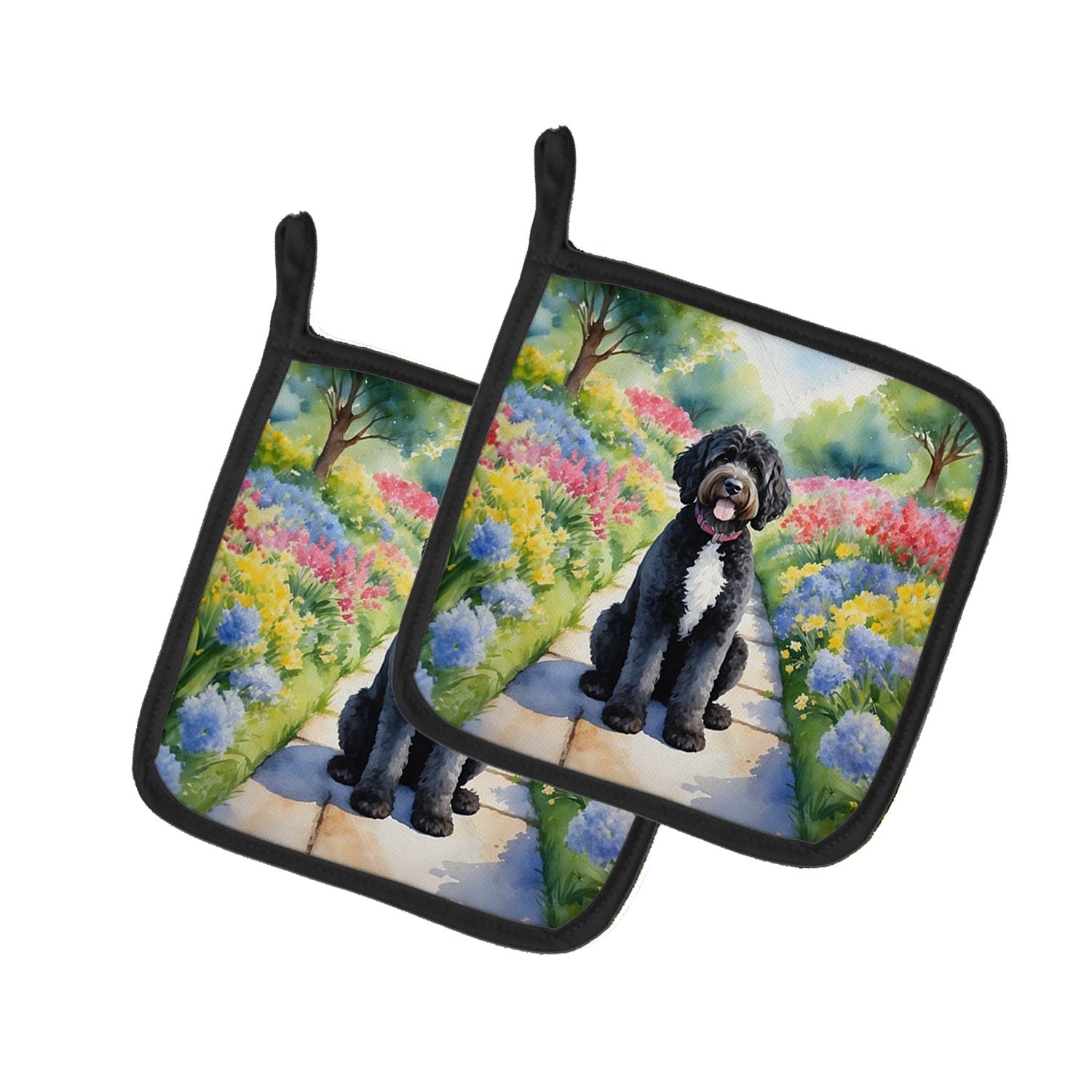 Portuguese Water Dog Spring Path Pair of Pot Holders Kitchen Heat Resistant Pot Holders Sets Oven Hot Pads for Cooking Baking BB