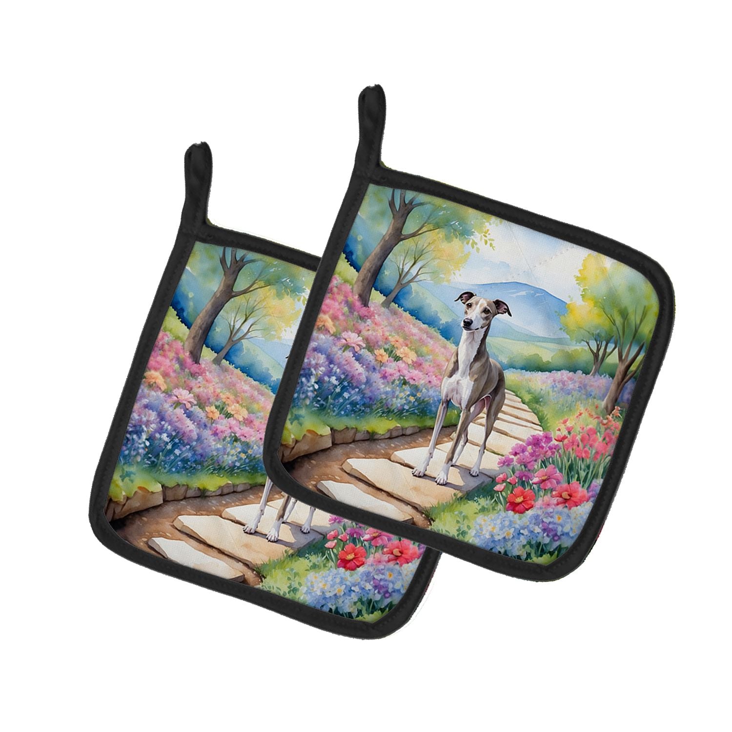 Whippet Spring Path Pair of Pot Holders Kitchen Heat Resistant Pot Holders Sets Oven Hot Pads for Cooking Baking BBQ, 7 1/2 x 7 