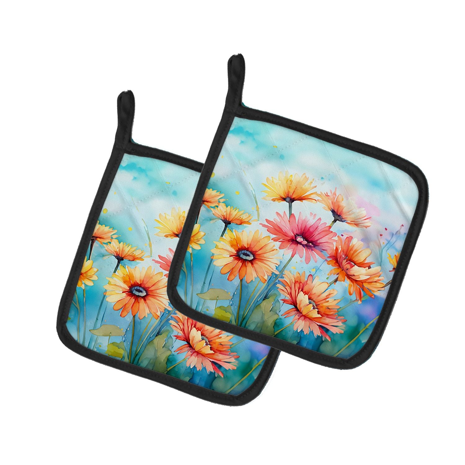 Gerbera Daisies in Watercolor Pair of Pot Holders Kitchen Heat Resistant Pot Holders Sets Oven Hot Pads for Cooking Baking BBQ, 