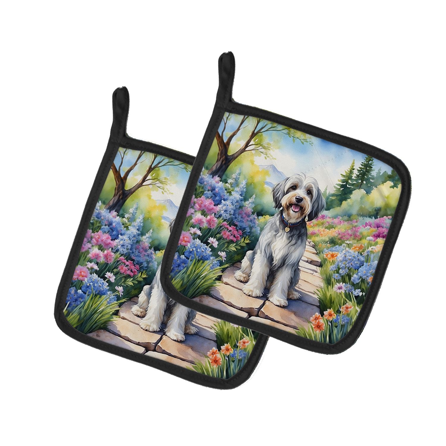 Tibetan Terrier Spring Path Pair of Pot Holders Kitchen Heat Resistant Pot Holders Sets Oven Hot Pads for Cooking Baking BBQ, 7 