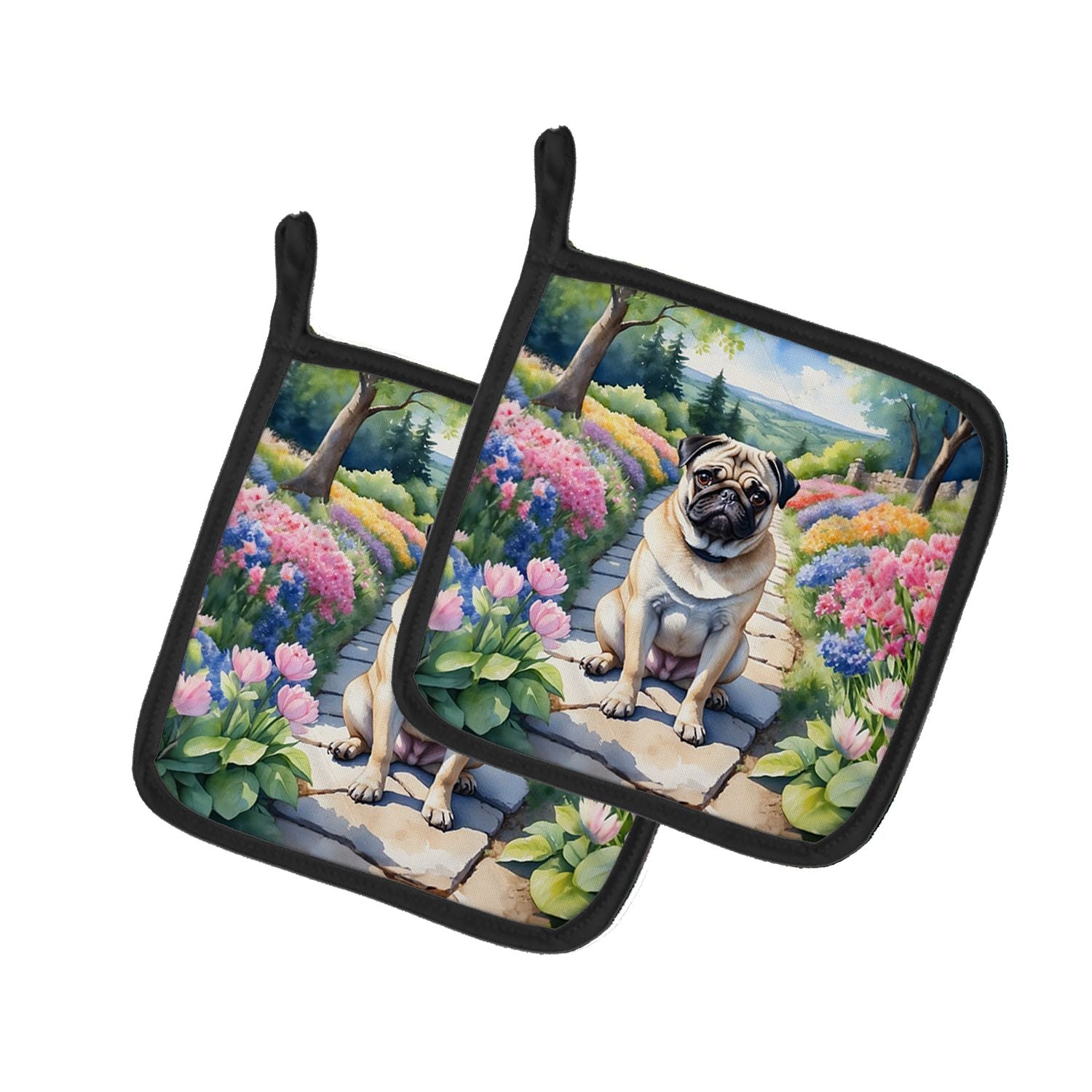 Pug Spring Path Pair of Pot Holders Kitchen Heat Resistant Pot Holders Sets Oven Hot Pads for Cooking Baking BBQ, 7 1/2 x 7 1/2