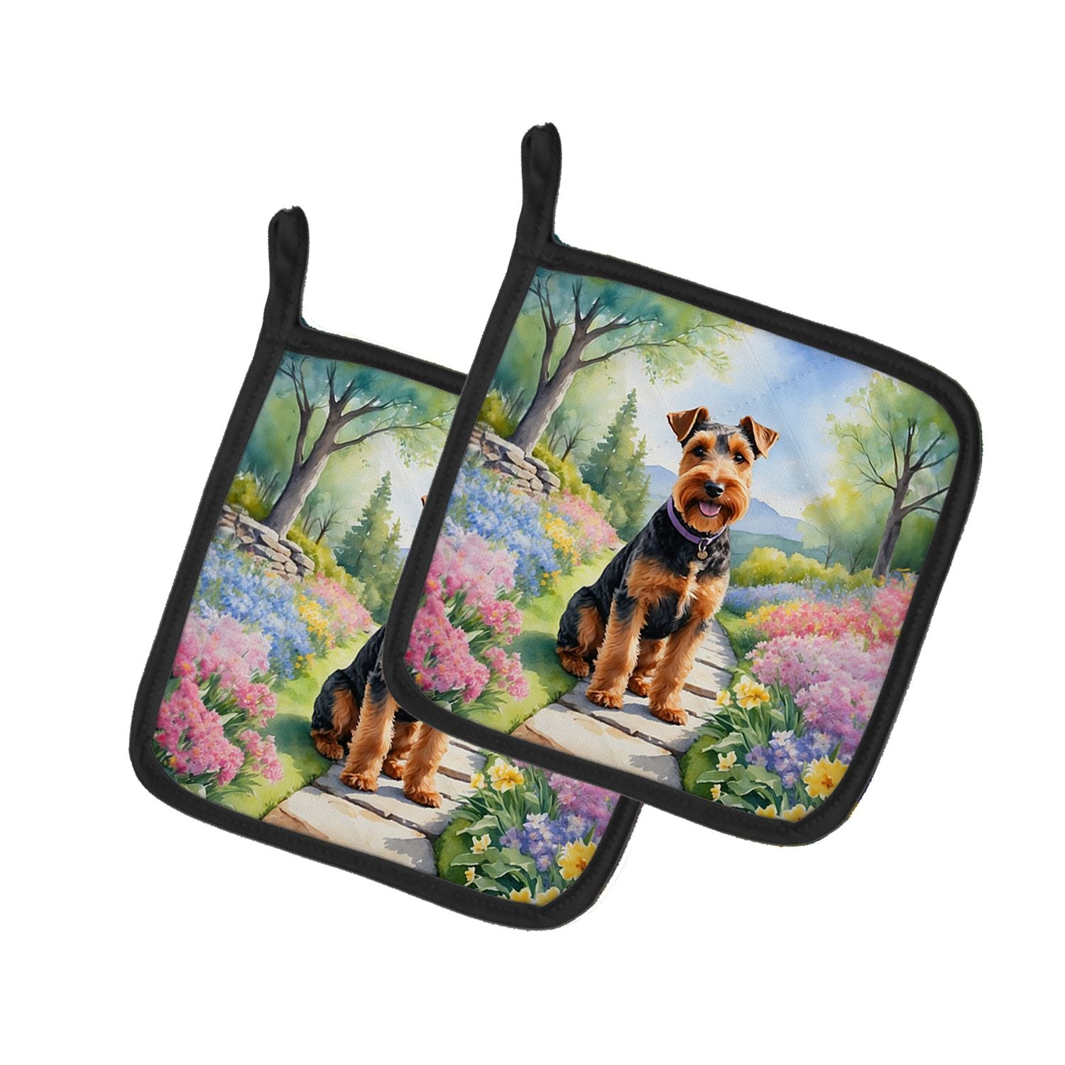 Welsh Terrier Spring Path Pair of Pot Holders Kitchen Heat Resistant Pot Holders Sets Oven Hot Pads for Cooking Baking BBQ, 7 1/