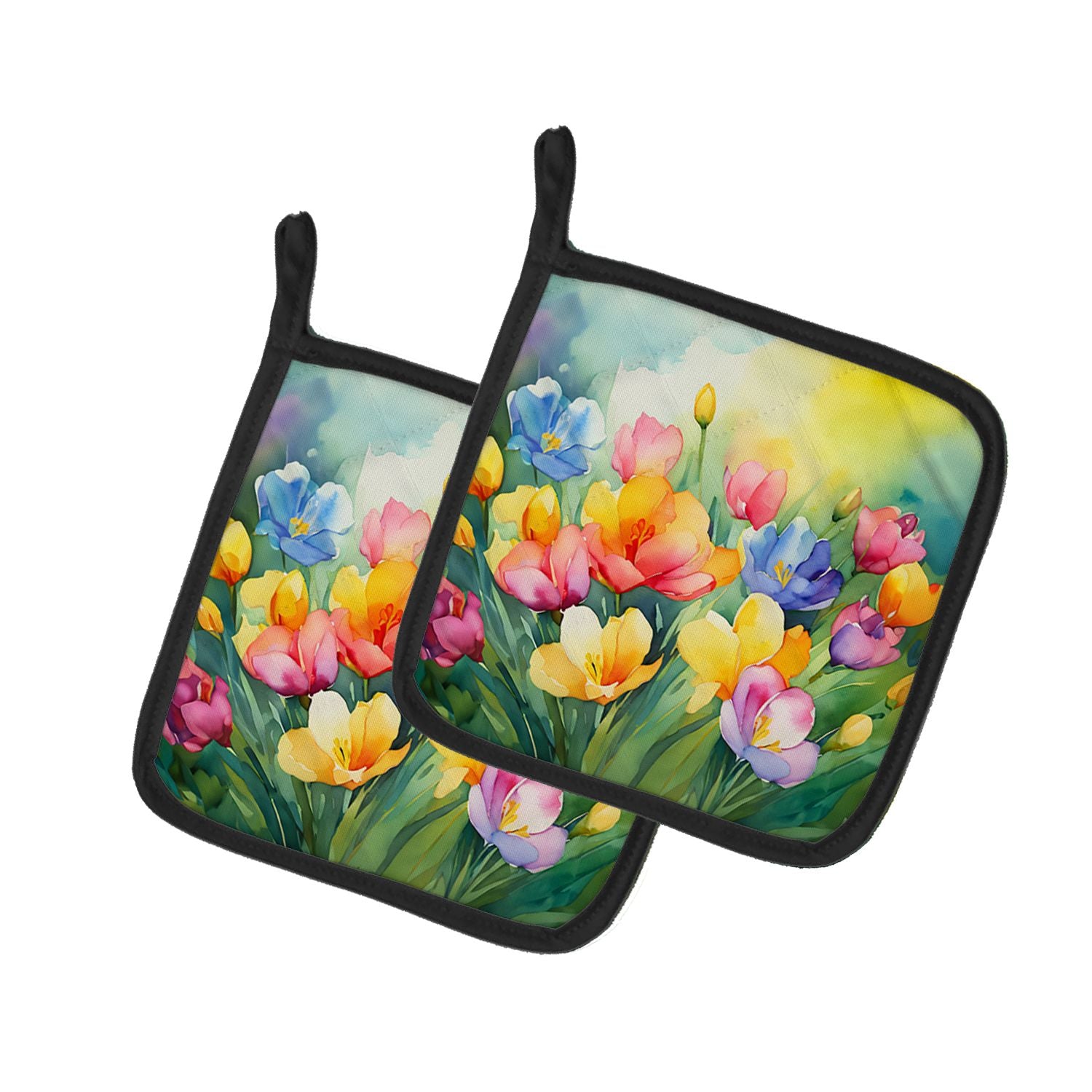 Freesias in Watercolor Pair of Pot Holders Kitchen Heat Resistant Pot Holders Sets Oven Hot Pads for Cooking Baking BBQ, 7 1/2 x