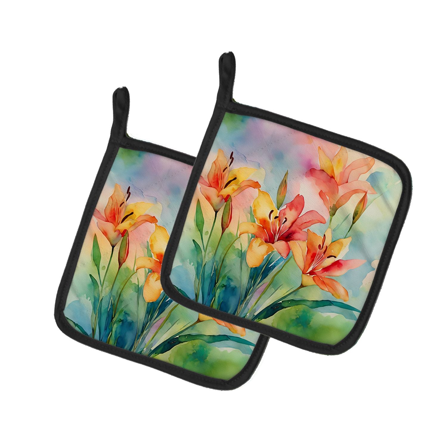 Lilies in Watercolor Pair of Pot Holders Kitchen Heat Resistant Pot Holders Sets Oven Hot Pads for Cooking Baking BBQ, 7 1/2 x 7