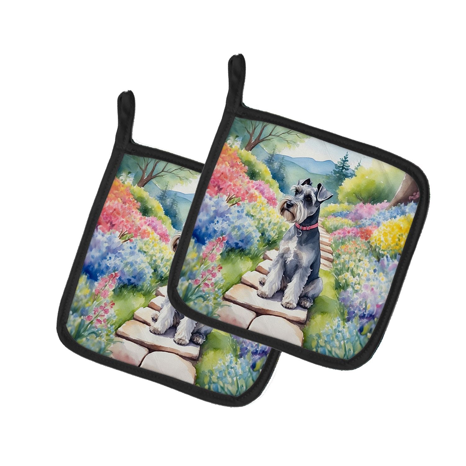 Schnauzer Spring Path Pair of Pot Holders Kitchen Heat Resistant Pot Holders Sets Oven Hot Pads for Cooking Baking BBQ, 7 1/2 x 
