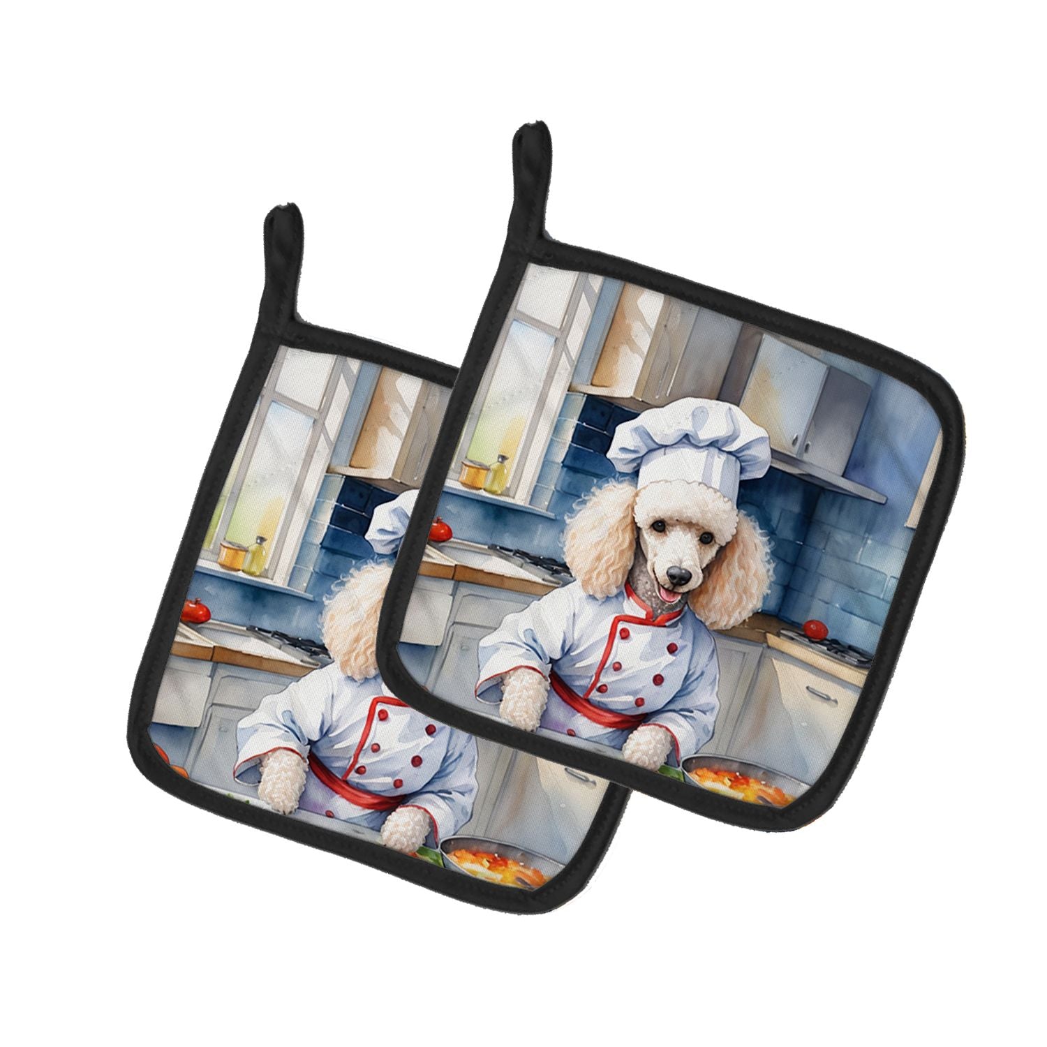 White Poodle The Chef Pair of Pot Holders Kitchen Heat Resistant Pot Holders Sets Oven Hot Pads for Cooking Baking BBQ, 7 1/2 x 