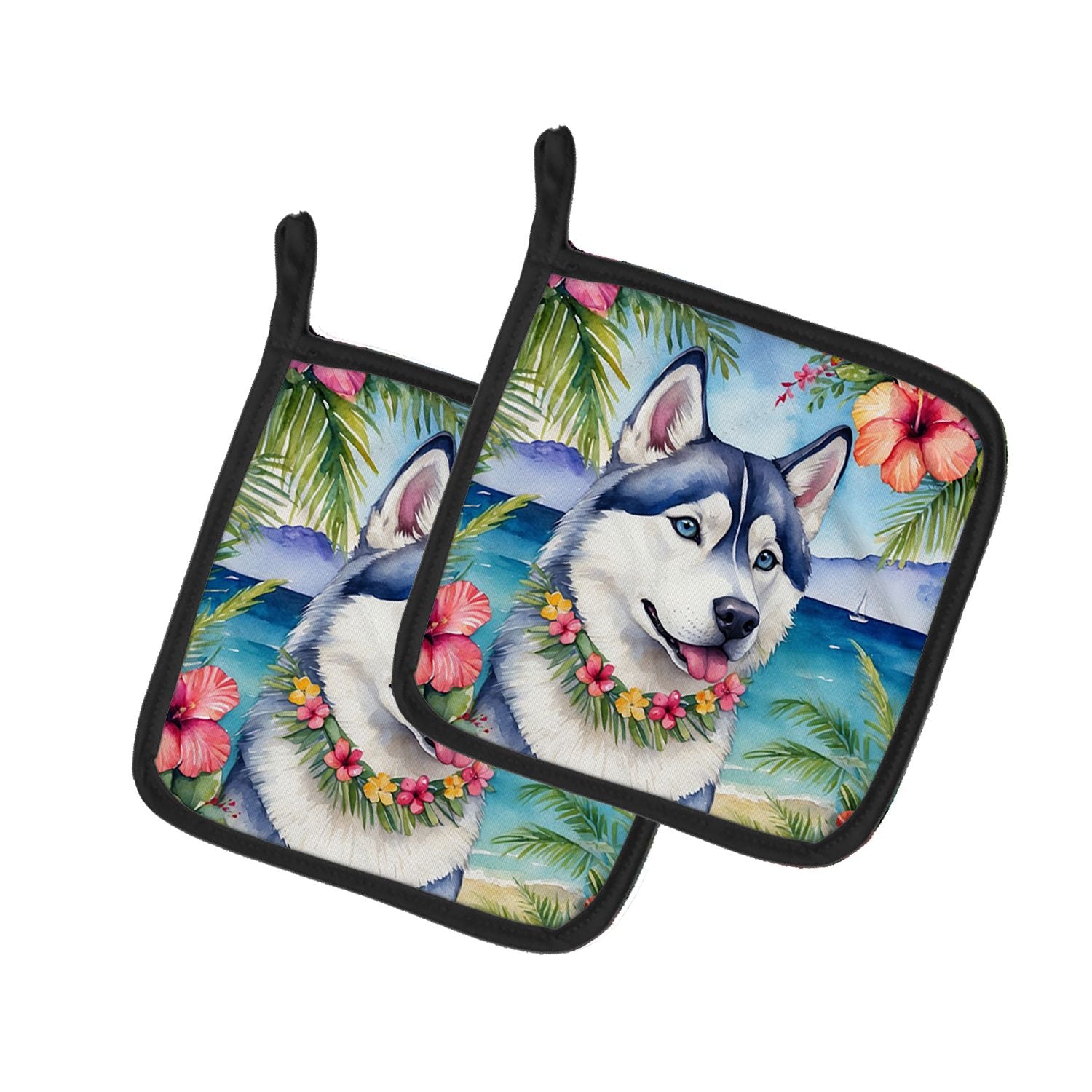 Siberian Husky Luau Pair of Pot Holders Kitchen Heat Resistant Pot Holders Sets Oven Hot Pads for Cooking Baking BBQ, 7 1/2 x 7 