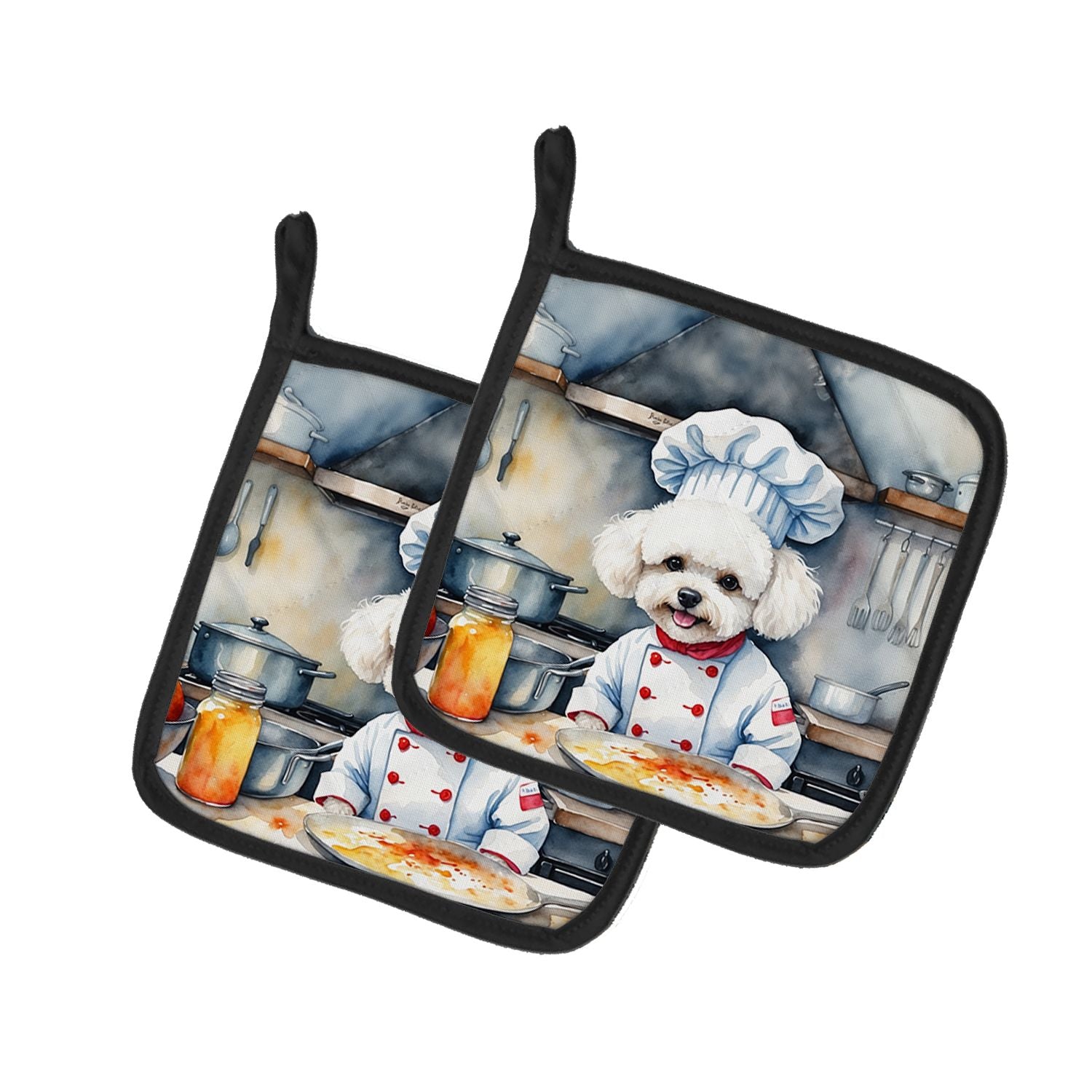 Bichon Frise The Chef Pair of Pot Holders Kitchen Heat Resistant Pot Holders Sets Oven Hot Pads for Cooking Baking BBQ, 7 1/2 x 