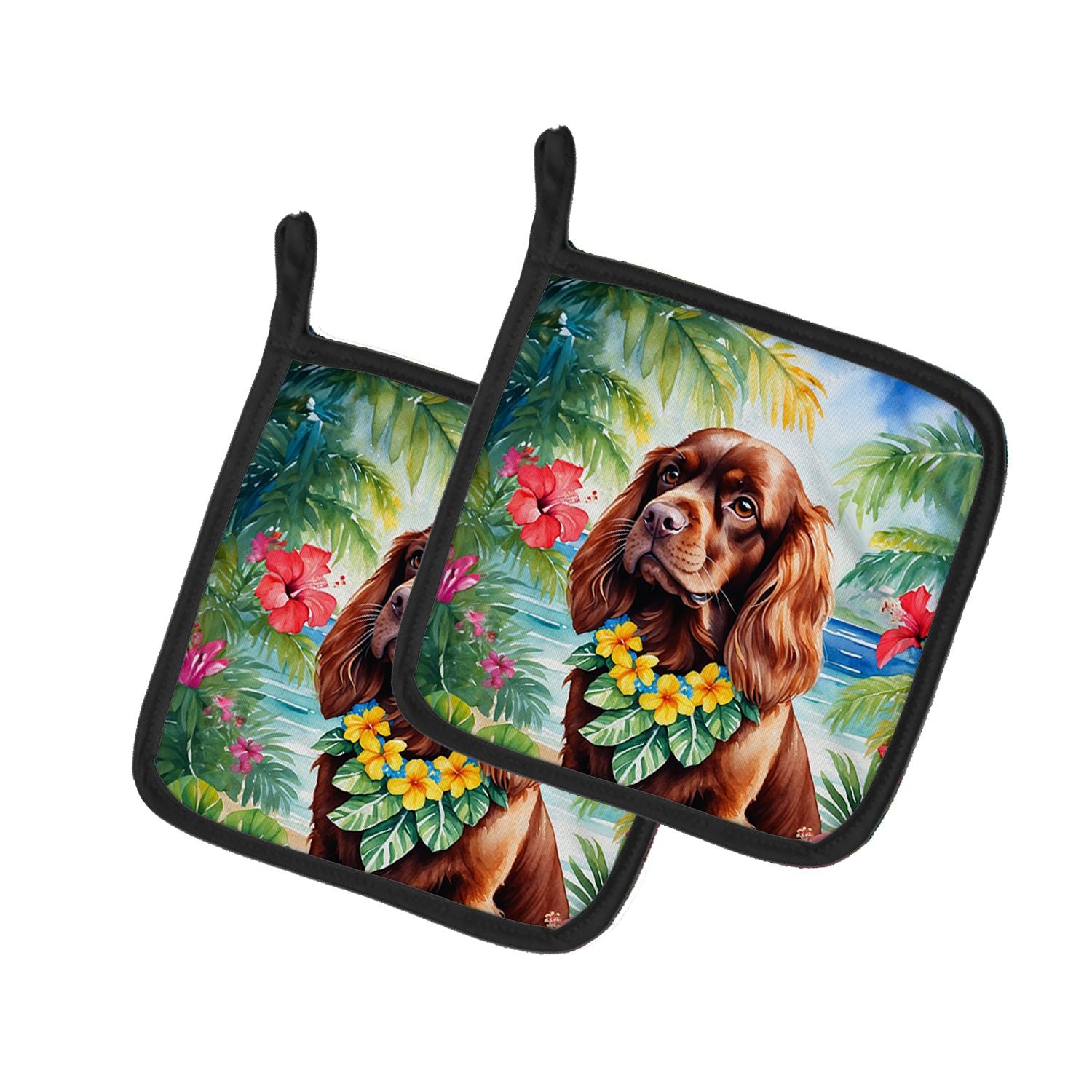 Sussex Spaniel Luau Pair of Pot Holders Kitchen Heat Resistant Pot Holders Sets Oven Hot Pads for Cooking Baking BBQ, 7 1/2 x 7 