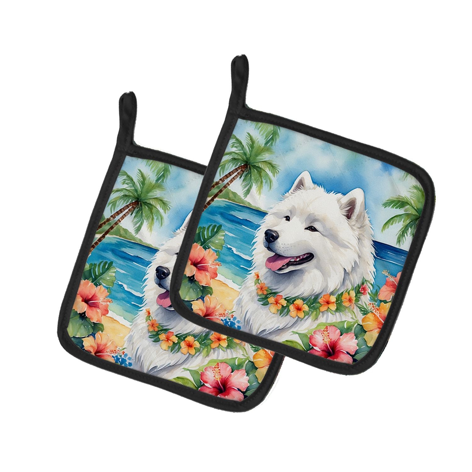 Samoyed Luau Pair of Pot Holders Kitchen Heat Resistant Pot Holders Sets Oven Hot Pads for Cooking Baking BBQ, 7 1/2 x 7 1/2