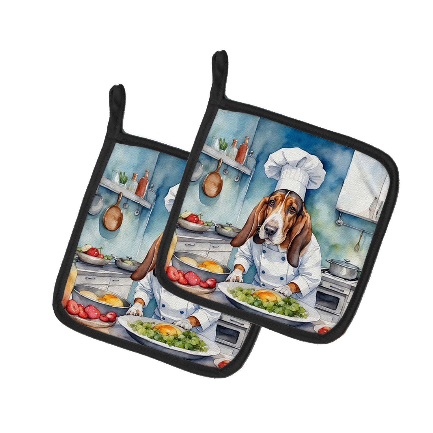 Basset Hound The Chef Pair of Pot Holders Kitchen Heat Resistant Pot Holders Sets Oven Hot Pads for Cooking Baking BBQ, 7 1/2 x 