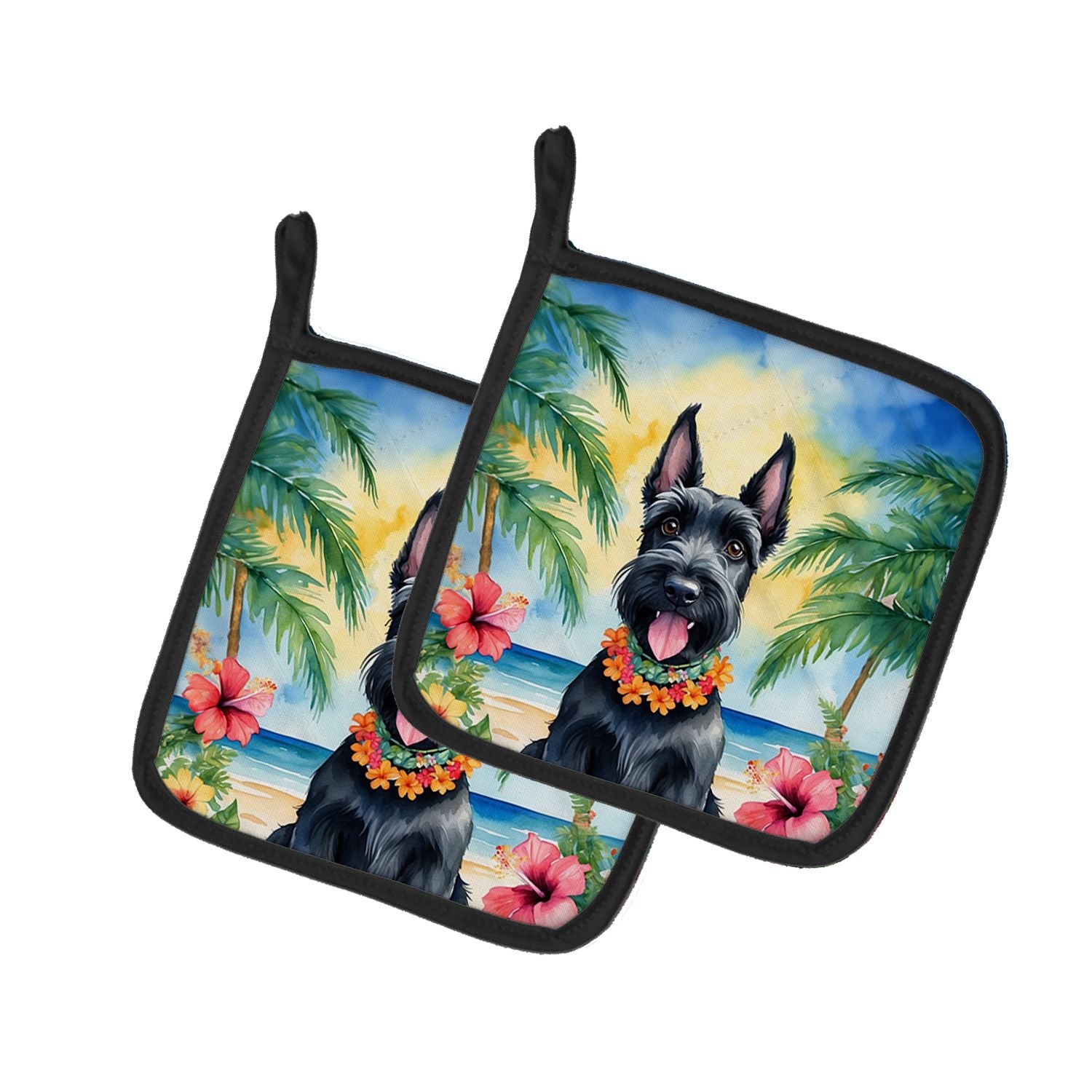 Scottish Terrier Luau Pair of Pot Holders Kitchen Heat Resistant Pot Holders Sets Oven Hot Pads for Cooking Baking BBQ, 7 1/2 x 