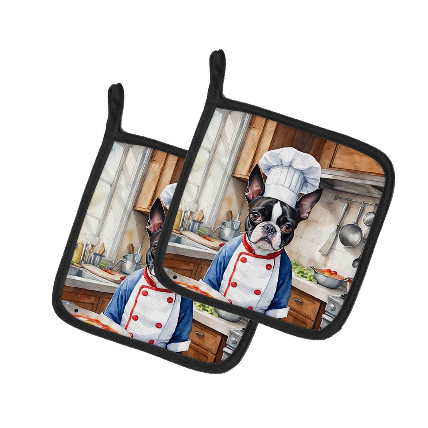 Boston Terrier The Chef Pair of Pot Holders Kitchen Heat Resistant Pot Holders Sets Oven Hot Pads for Cooking Baking BBQ, 7 1/2 
