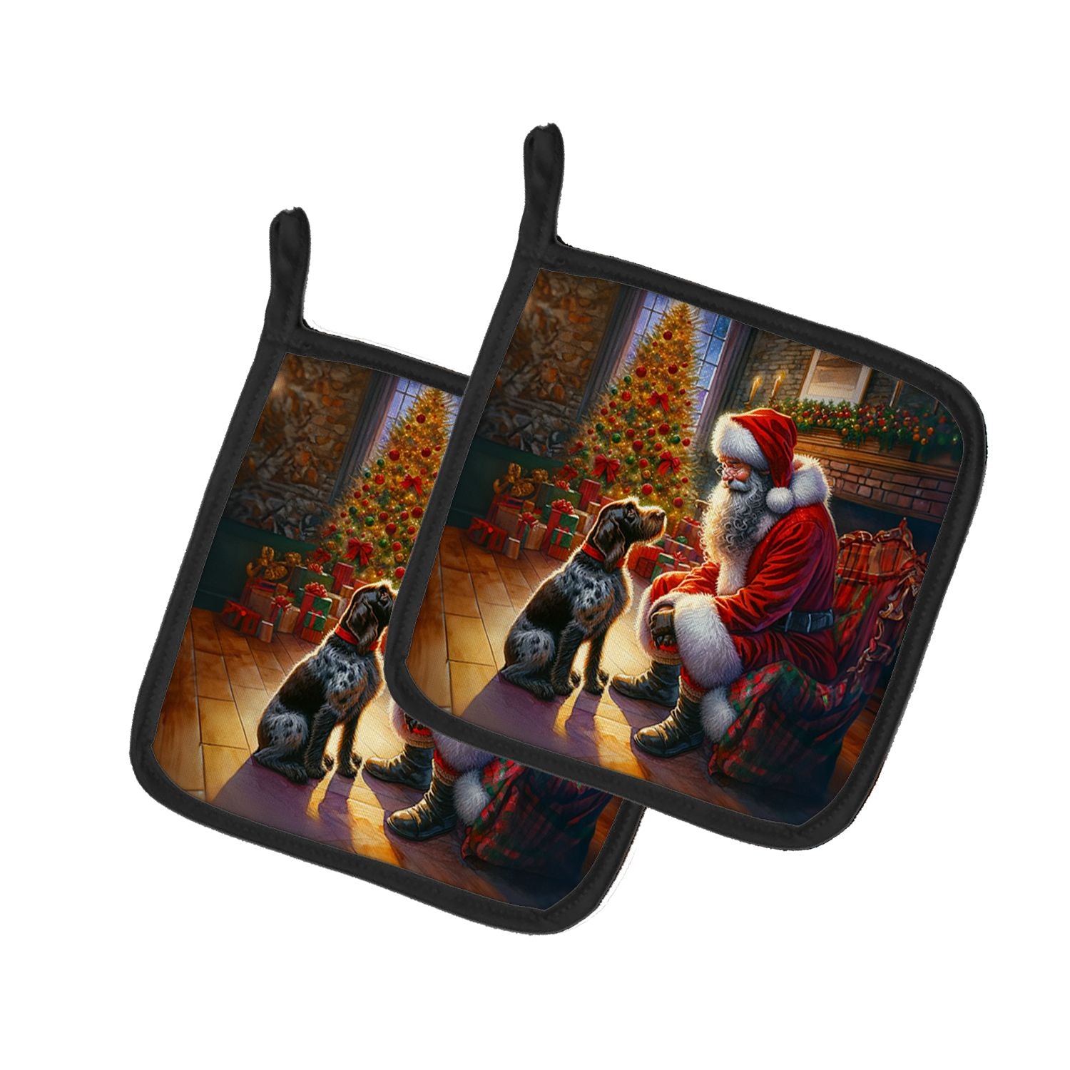 German Wirehaired Pointer and Santa Claus Pair of Pot Holders Kitchen Heat Resistant Pot Holders Sets Oven Hot Pads for Cooking 