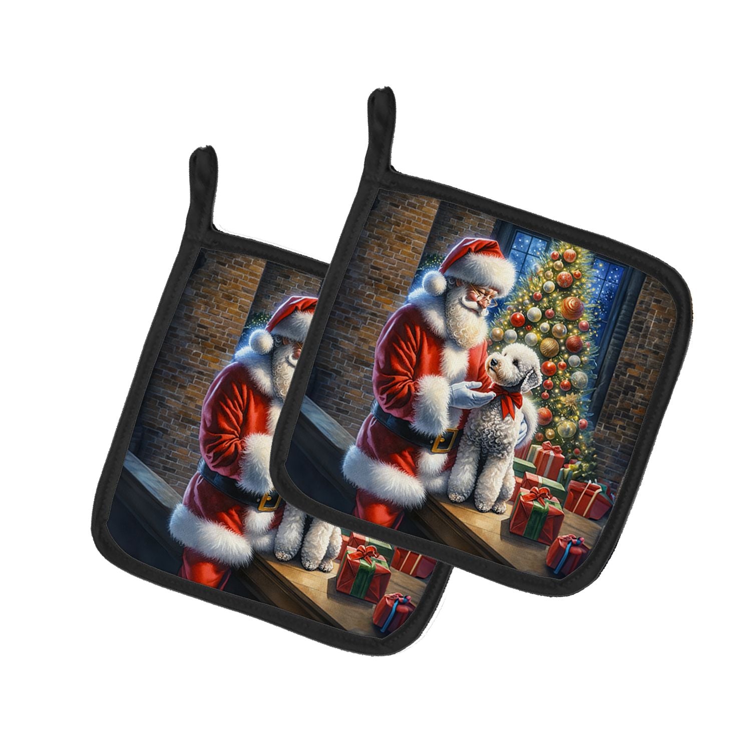 Bedlington Terrier and Santa Claus Pair of Pot Holders Kitchen Heat Resistant Pot Holders Sets Oven Hot Pads for Cooking Baking 