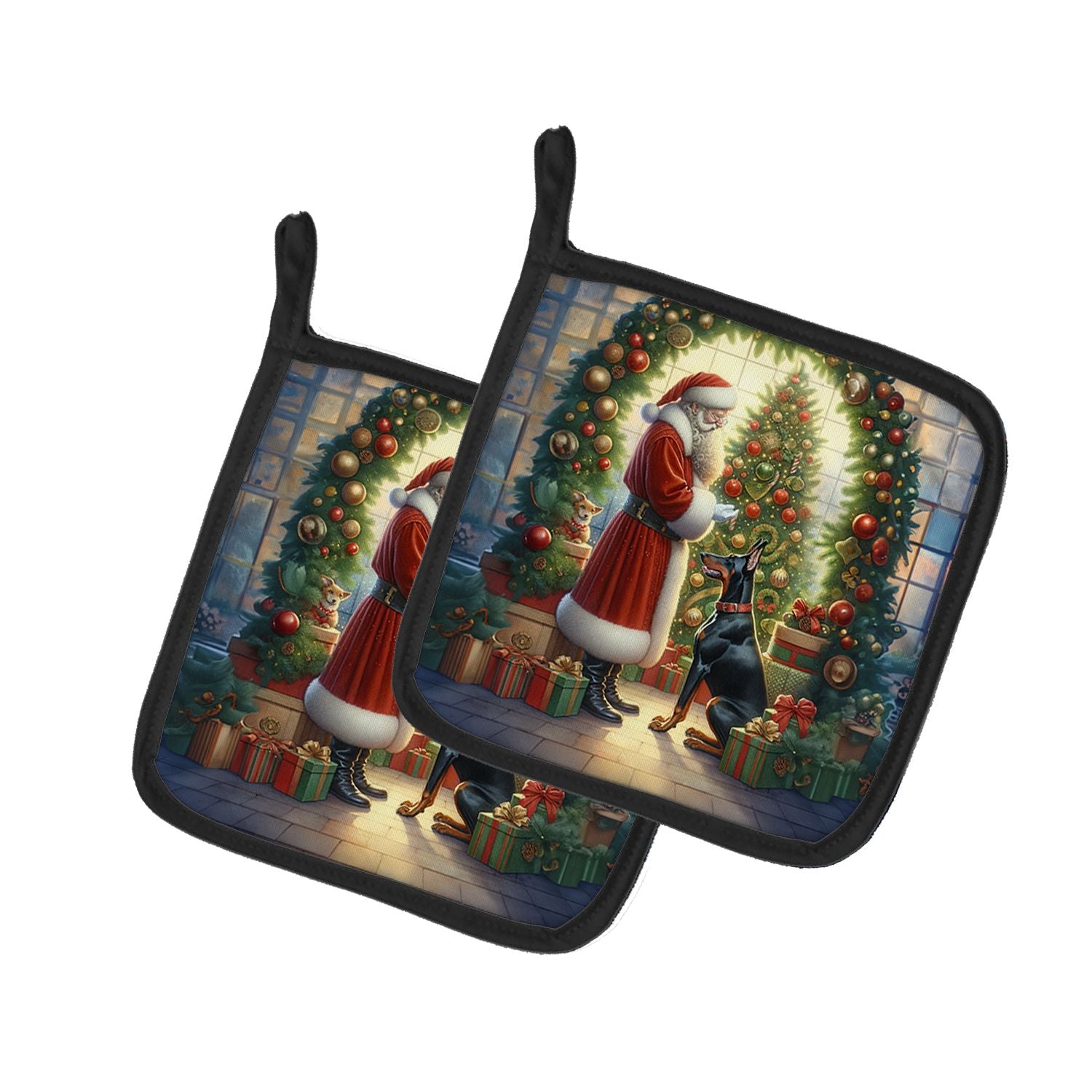 Doberman Pinscher and Santa Claus Pair of Pot Holders Kitchen Heat Resistant Pot Holders Sets Oven Hot Pads for Cooking Baking B