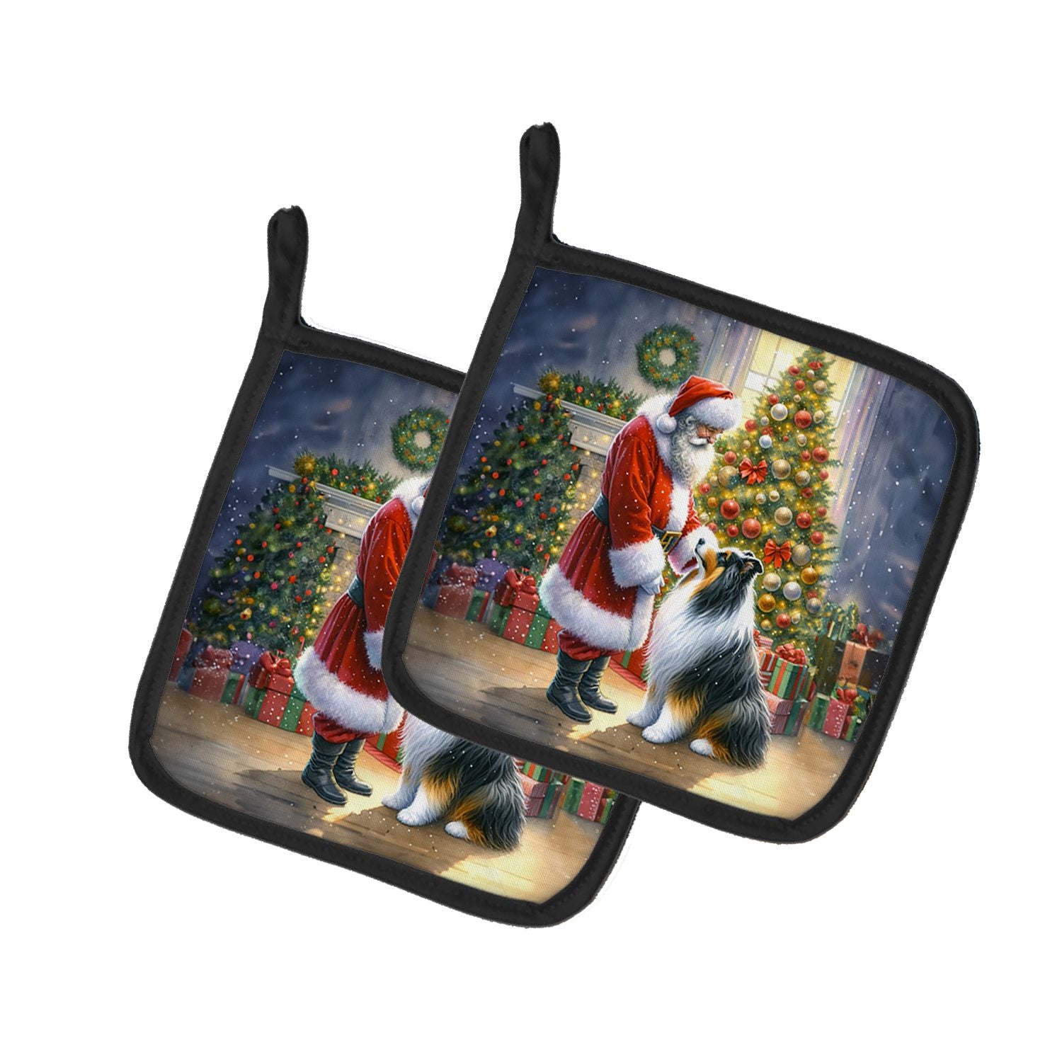 Collie and Santa Claus Pair of Pot Holders Kitchen Heat Resistant Pot Holders Sets Oven Hot Pads for Cooking Baking BBQ, 7 1/2 x