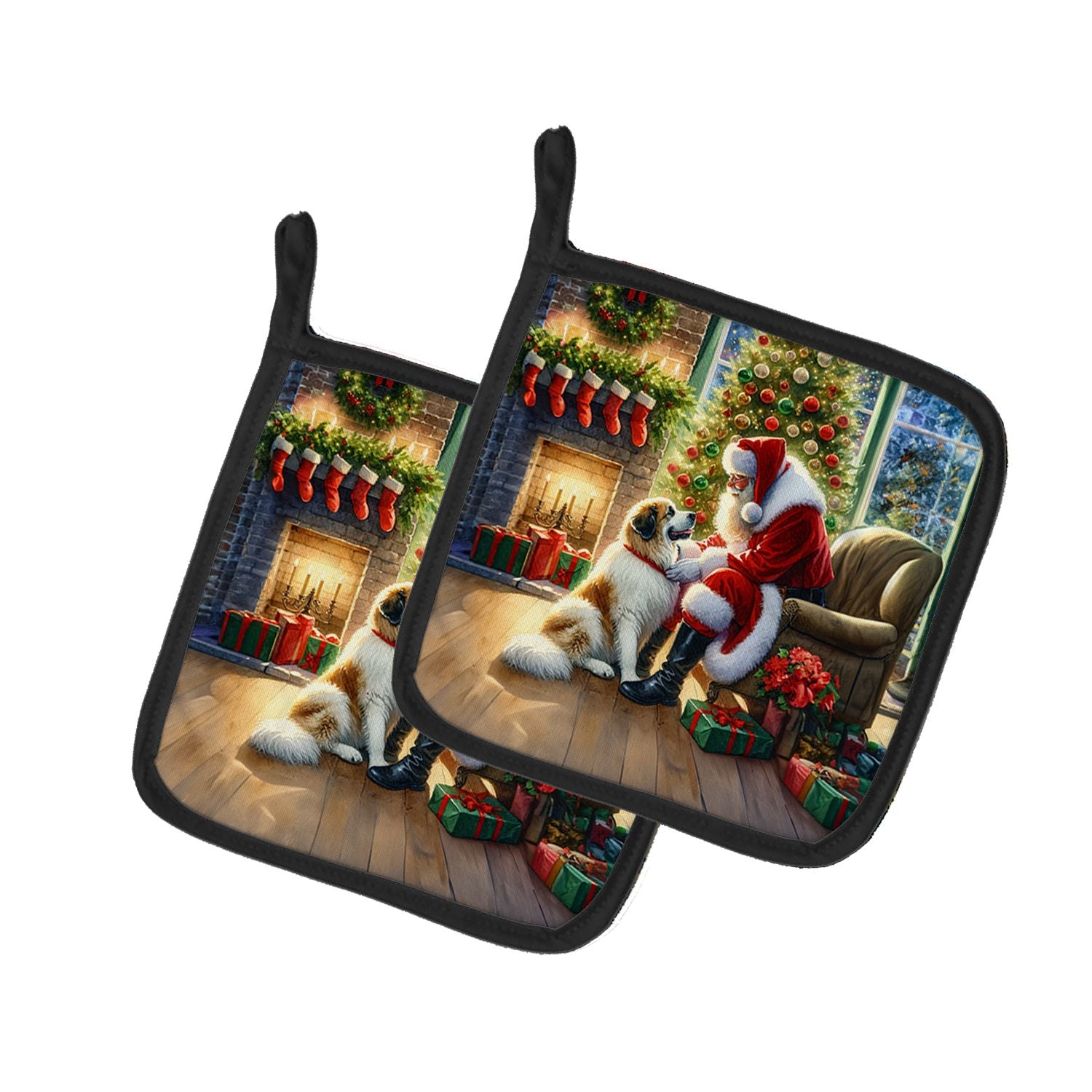 Great Pyrenees and Santa Claus Pair of Pot Holders Kitchen Heat Resistant Pot Holders Sets Oven Hot Pads for Cooking Baking BBQ,