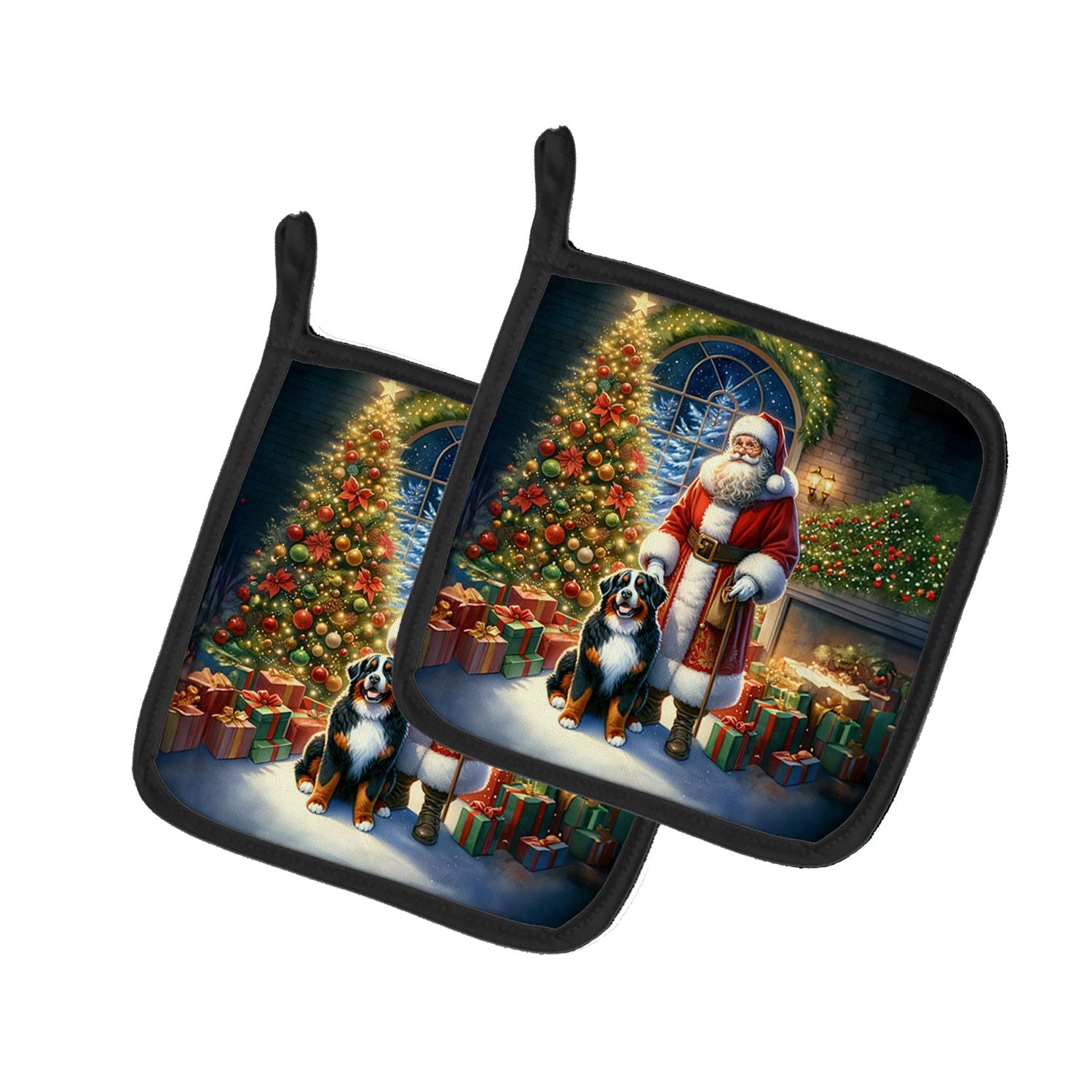 Bernese Mountain Dog and Santa Claus Pair of Pot Holders Kitchen Heat Resistant Pot Holders Sets Oven Hot Pads for Cooking Bakin