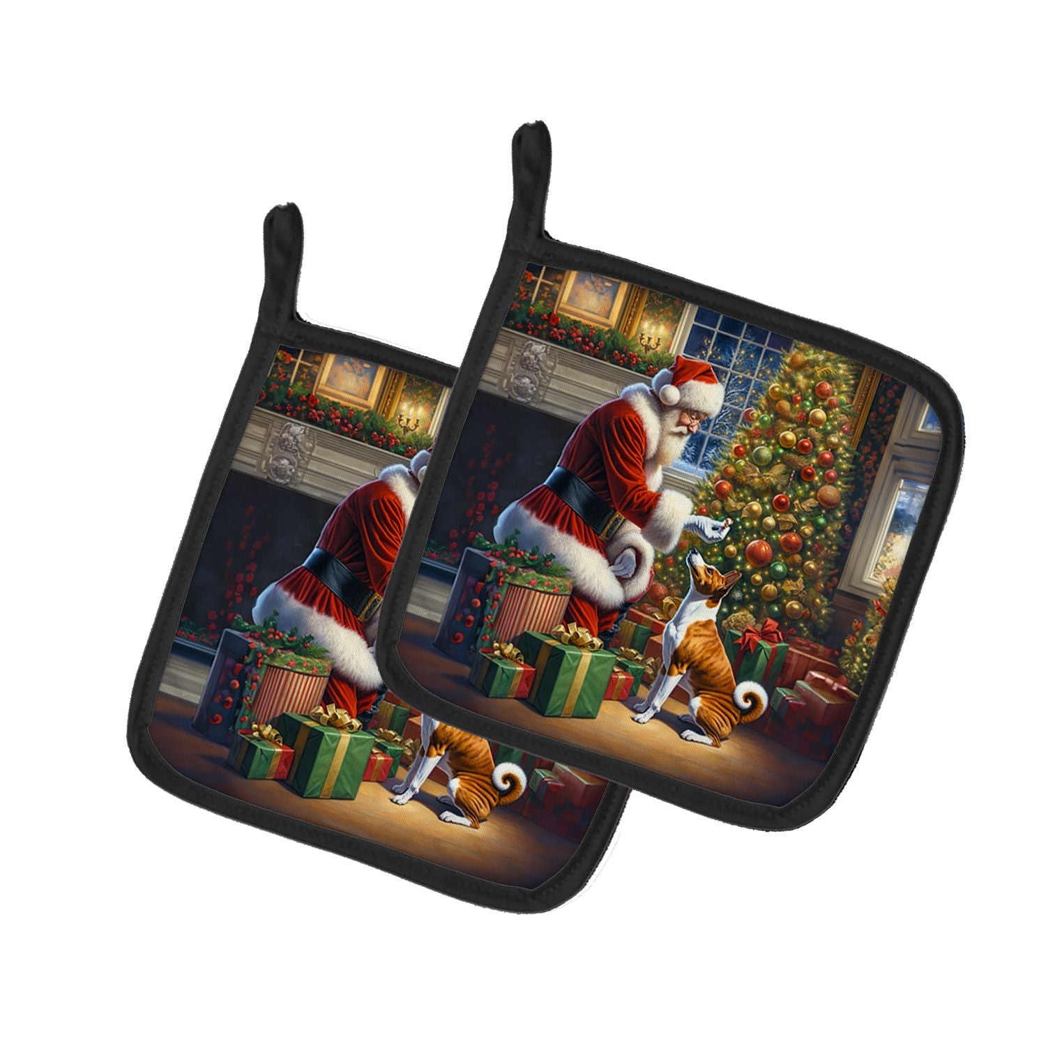 Basenji and Santa Claus Pair of Pot Holders Kitchen Heat Resistant Pot Holders Sets Oven Hot Pads for Cooking Baking BBQ, 7 1/2 