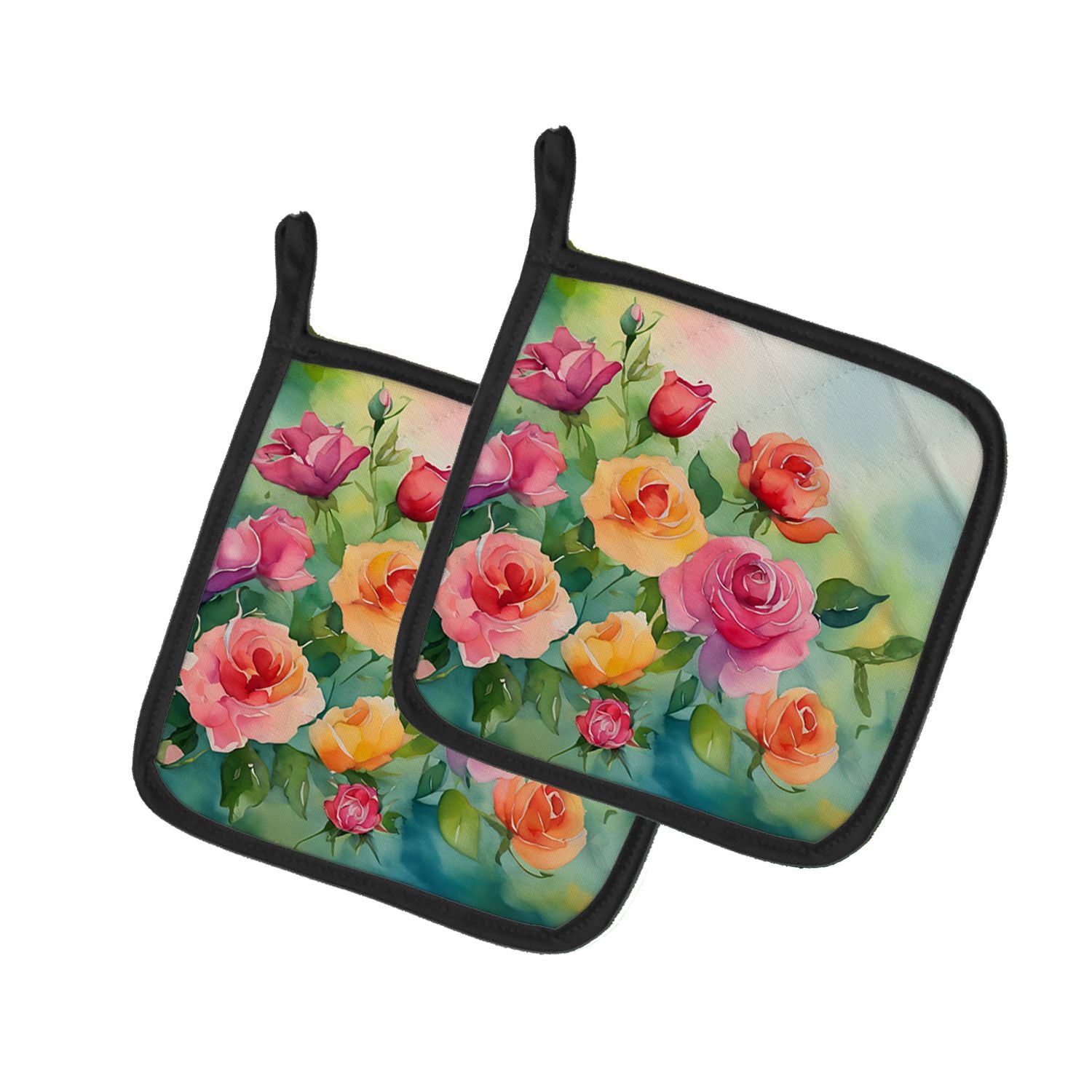 Roses in Watercolor Pair of Pot Holders Kitchen Heat Resistant Pot Holders Sets Oven Hot Pads for Cooking Baking BBQ, 7 1/2 x 7 