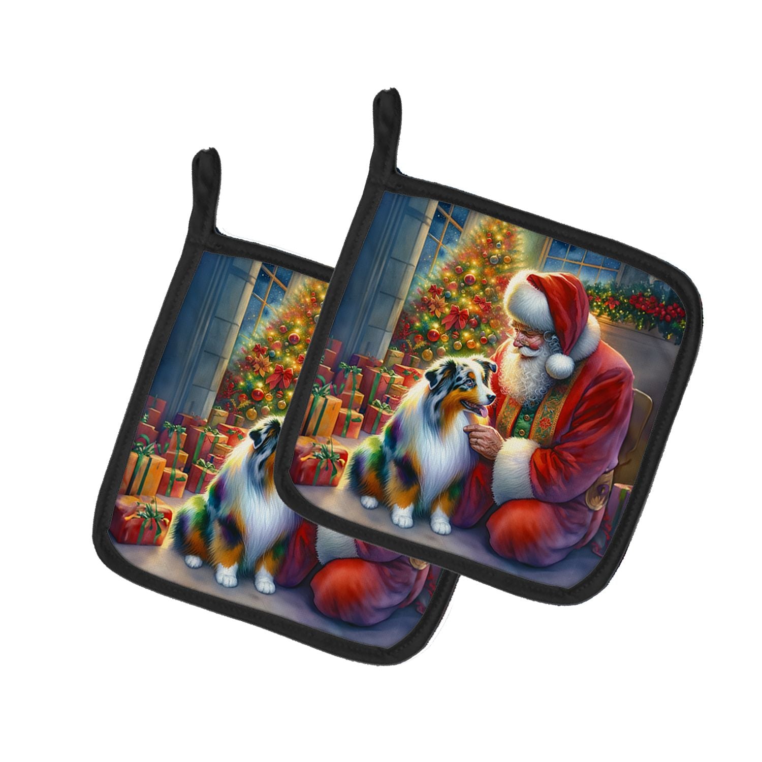 Australian Shepherd and Santa Claus Pair of Pot Holders Kitchen Heat Resistant Pot Holders Sets Oven Hot Pads for Cooking Baking