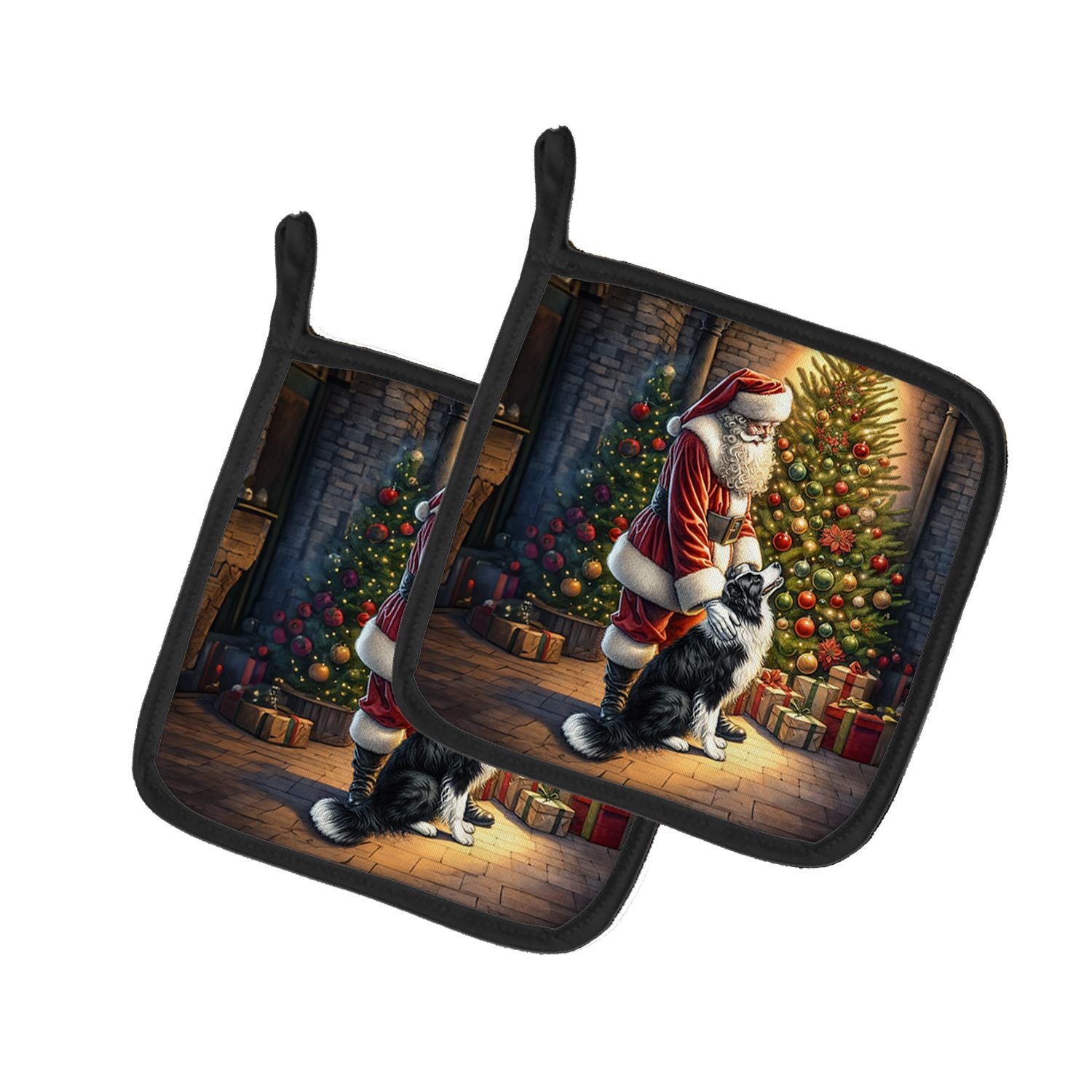 Border Collie and Santa Claus Pair of Pot Holders Kitchen Heat Resistant Pot Holders Sets Oven Hot Pads for Cooking Baking BBQ, 