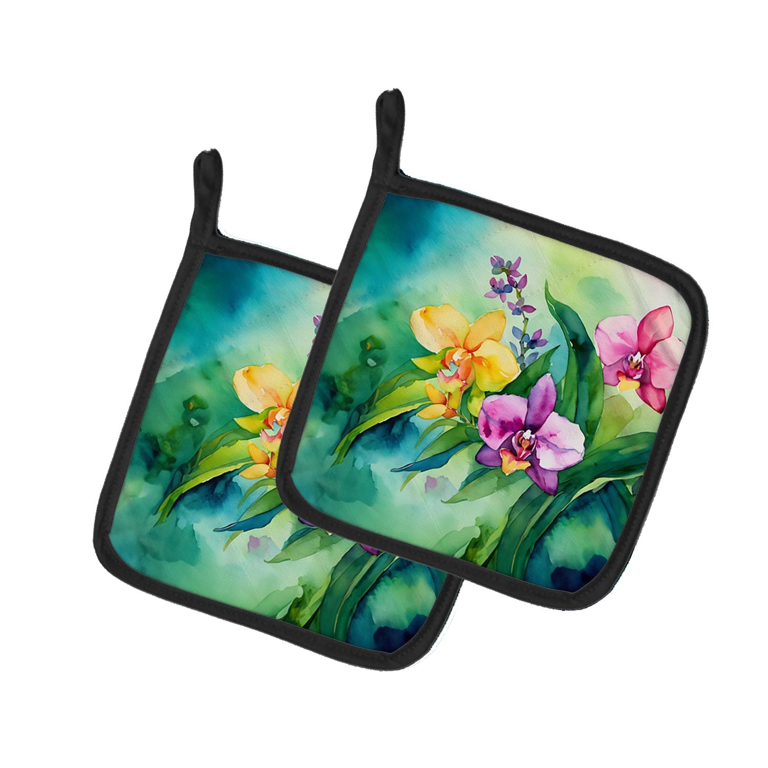 Orchids in Watercolor Pair of Pot Holders Kitchen Heat Resistant Pot Holders Sets Oven Hot Pads for Cooking Baking BBQ, 7 1/2 x 
