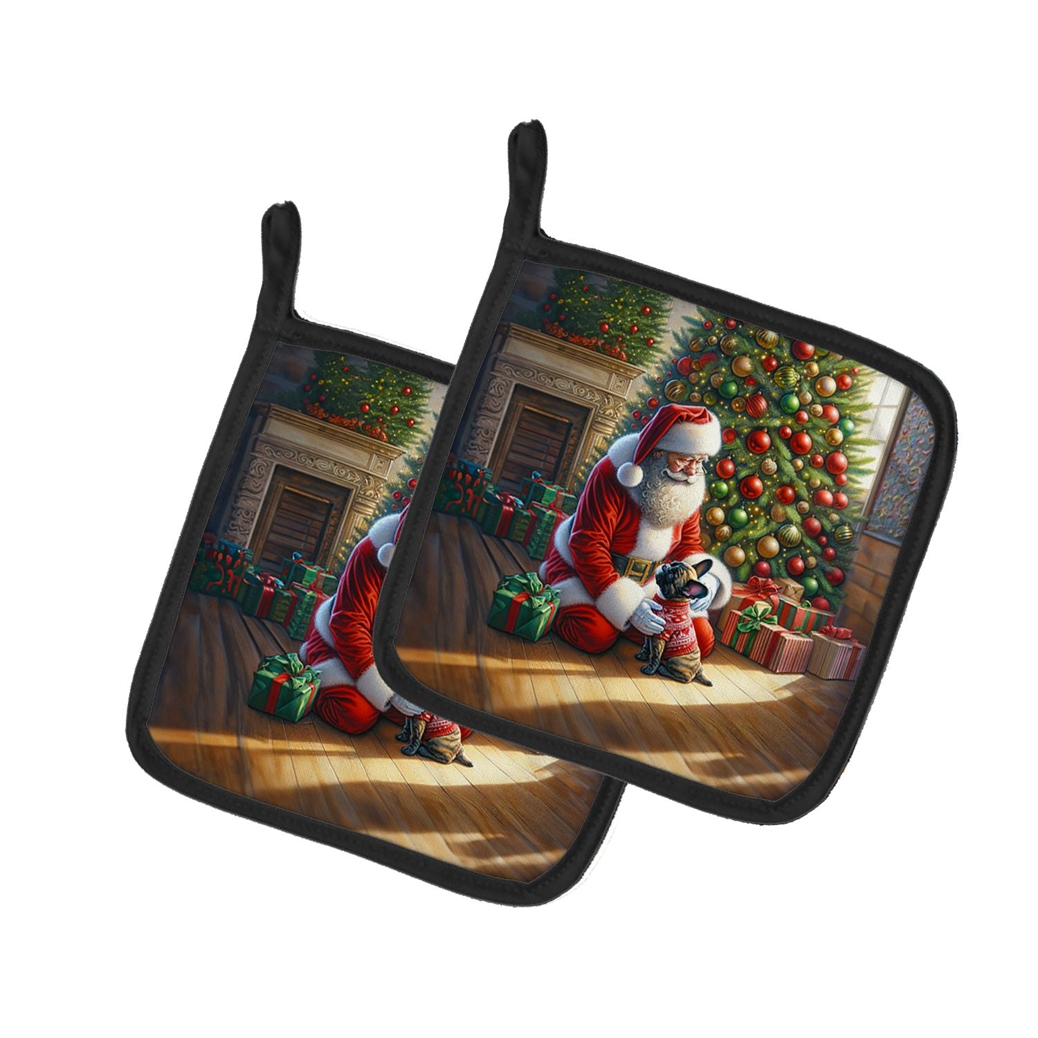 French Bulldog and Santa Claus Pair of Pot Holders Kitchen Heat Resistant Pot Holders Sets Oven Hot Pads for Cooking Baking BBQ,
