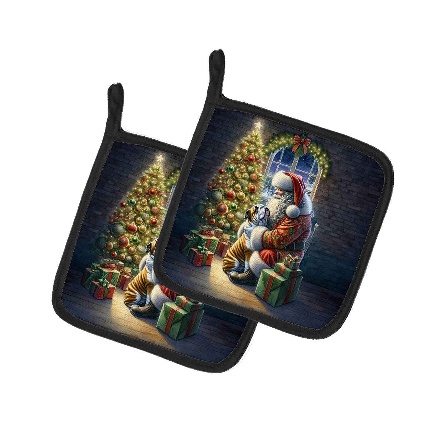English Bulldog and Santa Claus Pair of Pot Holders Kitchen Heat Resistant Pot Holders Sets Oven Hot Pads for Cooking Baking BBQ
