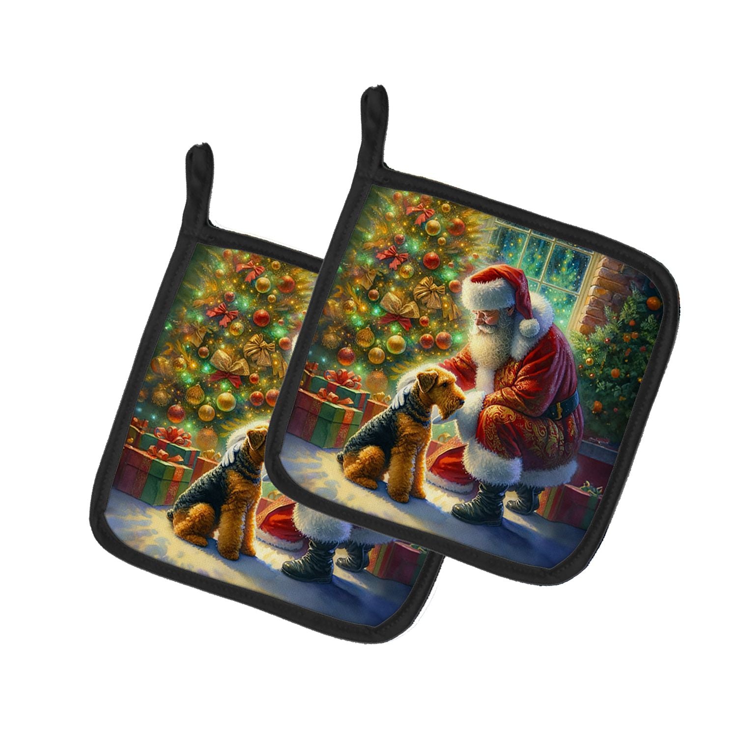 Airedale Terrier and Santa Claus Pair of Pot Holders Kitchen Heat Resistant Pot Holders Sets Oven Hot Pads for Cooking Baking BB