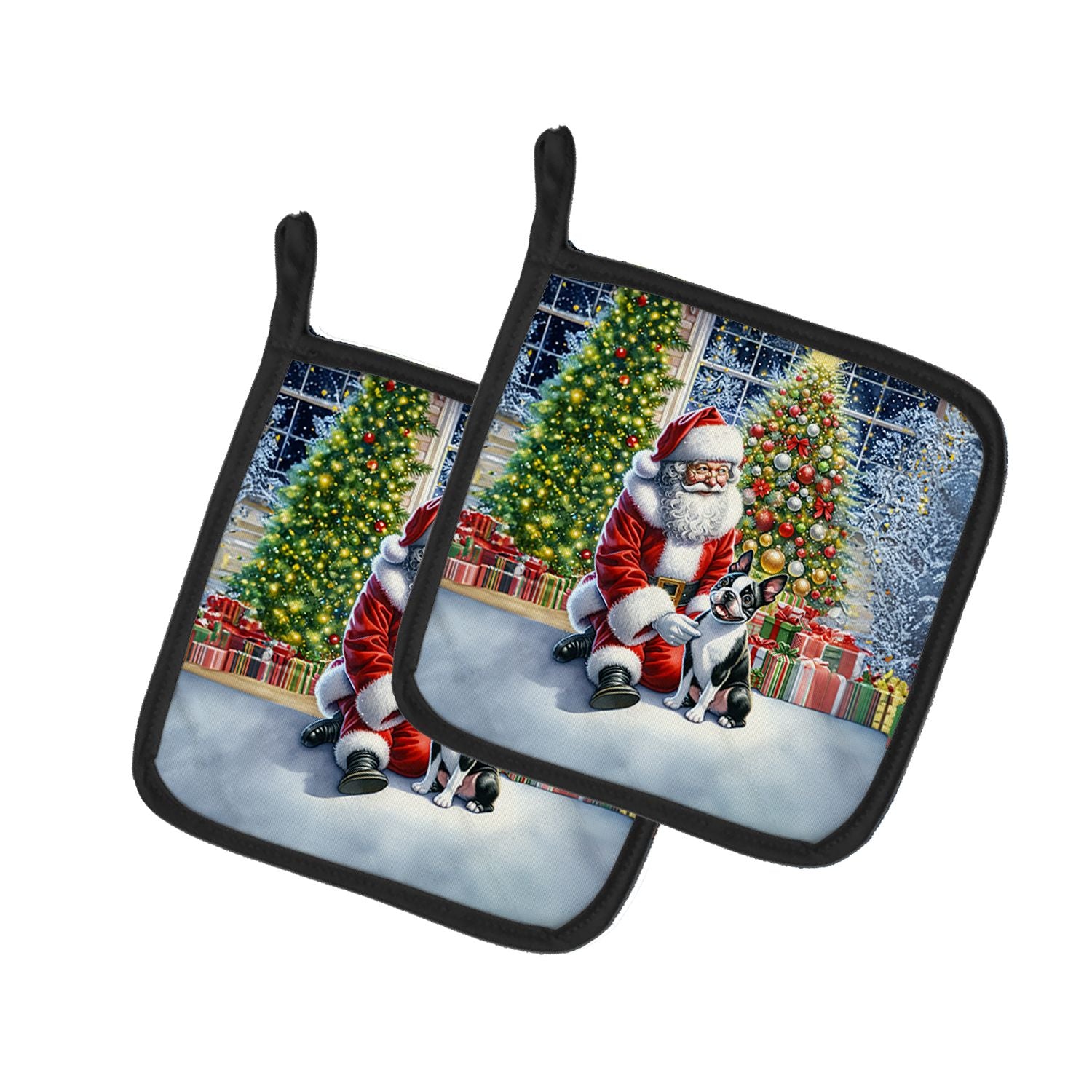 Boston Terrier and Santa Claus Pair of Pot Holders Kitchen Heat Resistant Pot Holders Sets Oven Hot Pads for Cooking Baking BBQ,