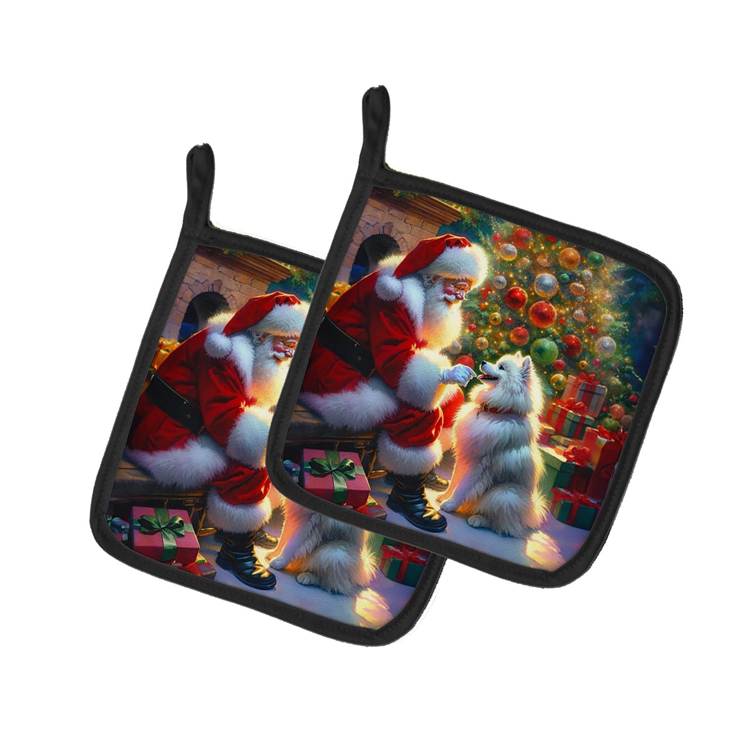 American Eskimo and Santa Claus Pair of Pot Holders Kitchen Heat Resistant Pot Holders Sets Oven Hot Pads for Cooking Baking BBQ