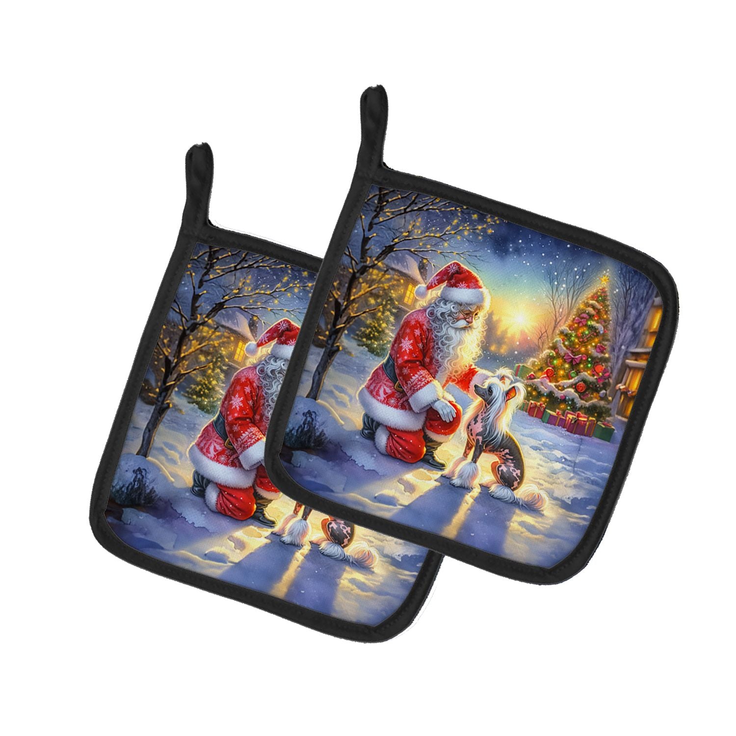 Chinese Crested and Santa Claus Pair of Pot Holders Kitchen Heat Resistant Pot Holders Sets Oven Hot Pads for Cooking Baking BBQ