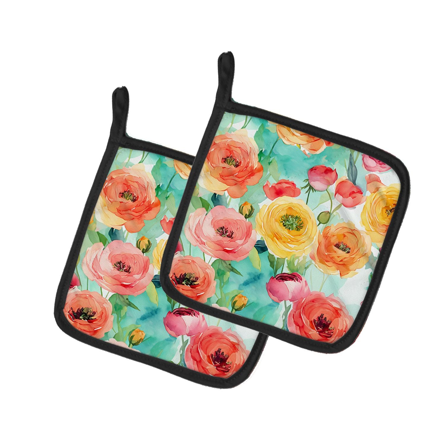 Ranunculus in Watercolor Pair of Pot Holders Kitchen Heat Resistant Pot Holders Sets Oven Hot Pads for Cooking Baking BBQ, 7 1/2