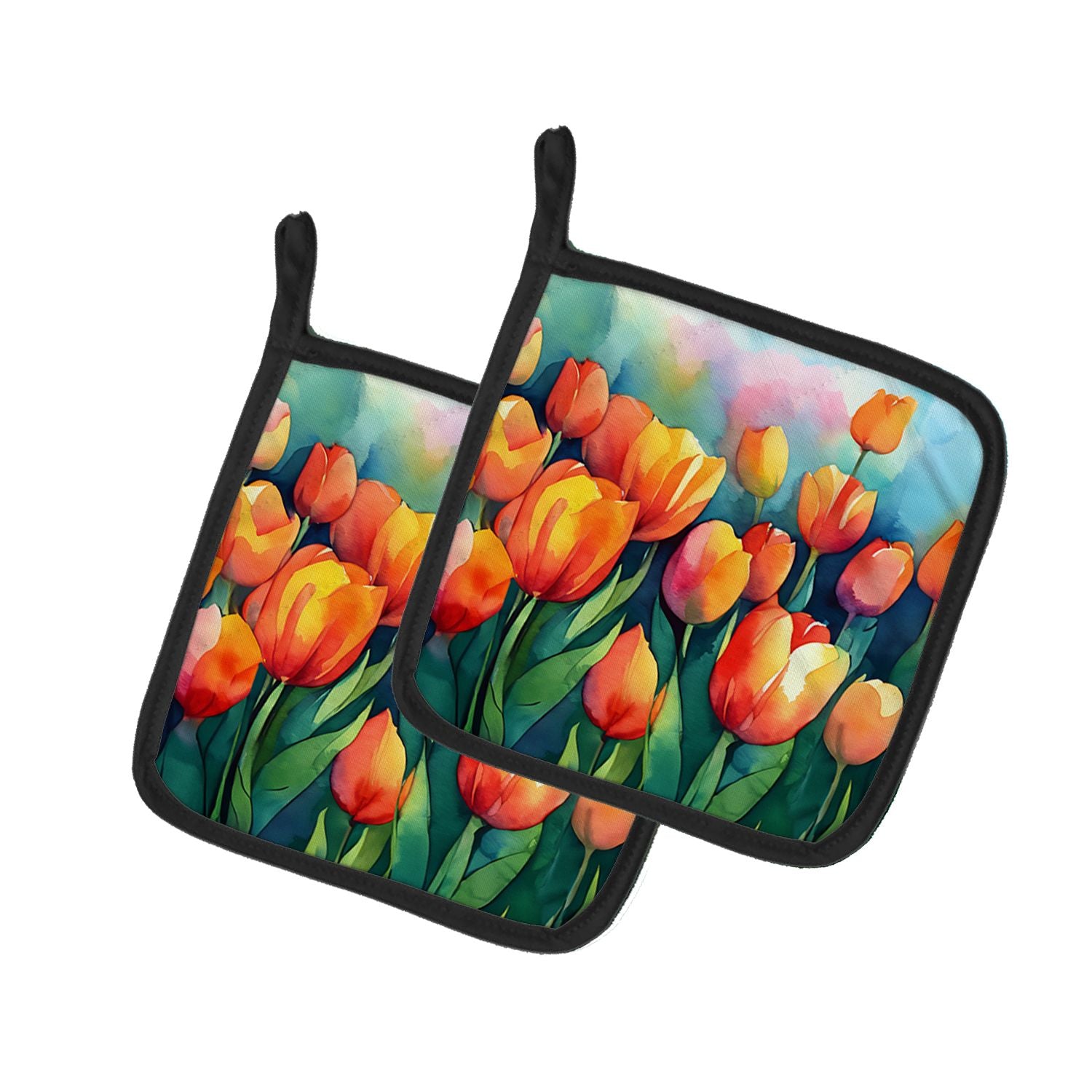 Tulips in Watercolor Pair of Pot Holders Kitchen Heat Resistant Pot Holders Sets Oven Hot Pads for Cooking Baking BBQ, 7 1/2 x 7
