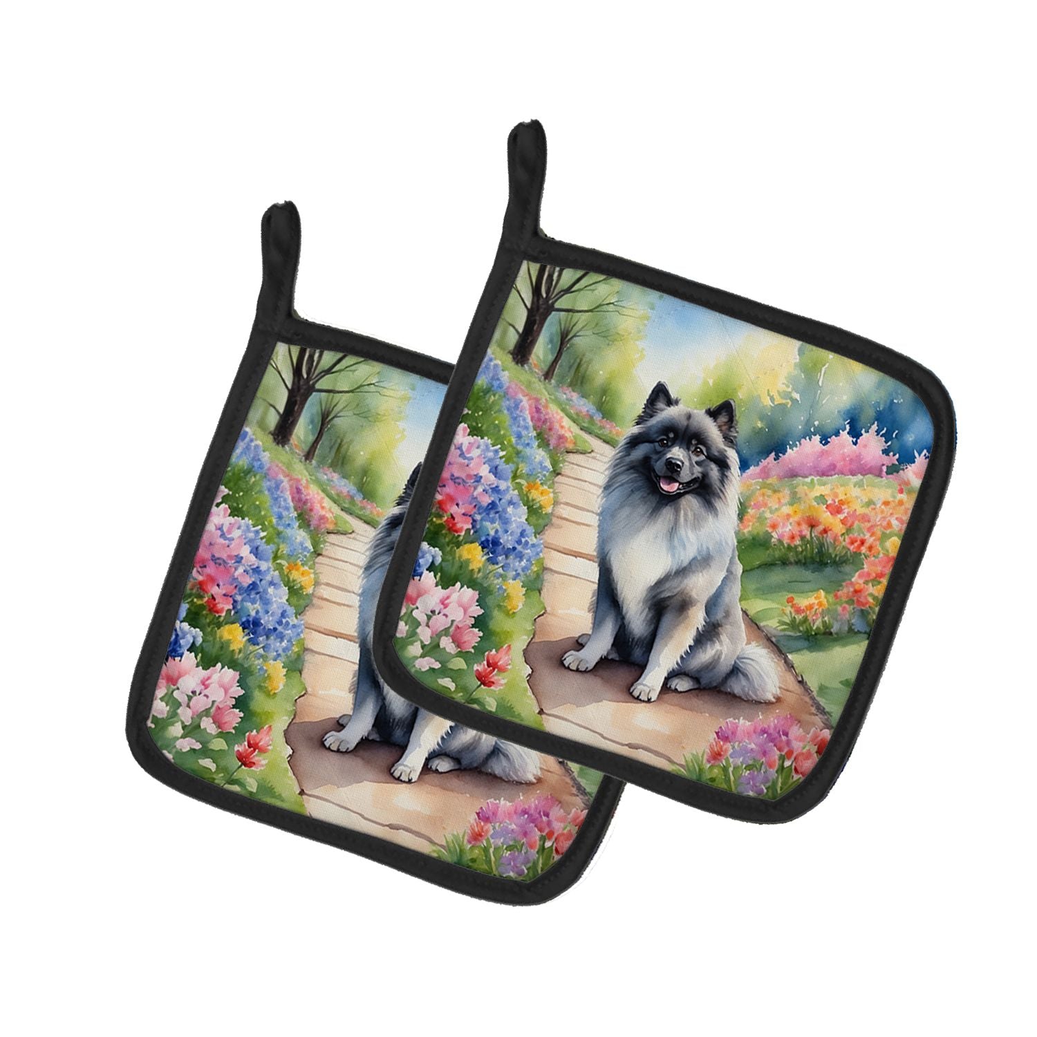 Keeshond Spring Path Pair of Pot Holders Kitchen Heat Resistant Pot Holders Sets Oven Hot Pads for Cooking Baking BBQ, 7 1/2 x 7