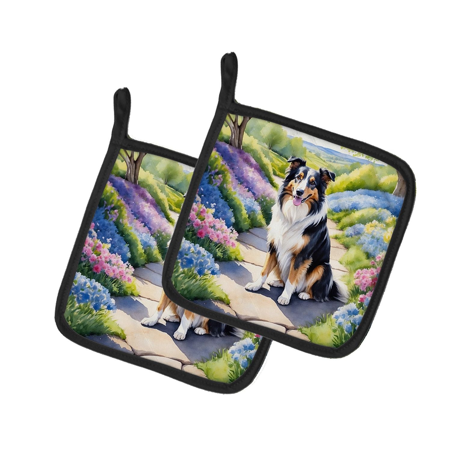Collie Spring Path Pair of Pot Holders Kitchen Heat Resistant Pot Holders Sets Oven Hot Pads for Cooking Baking BBQ, 7 1/2 x 7 1