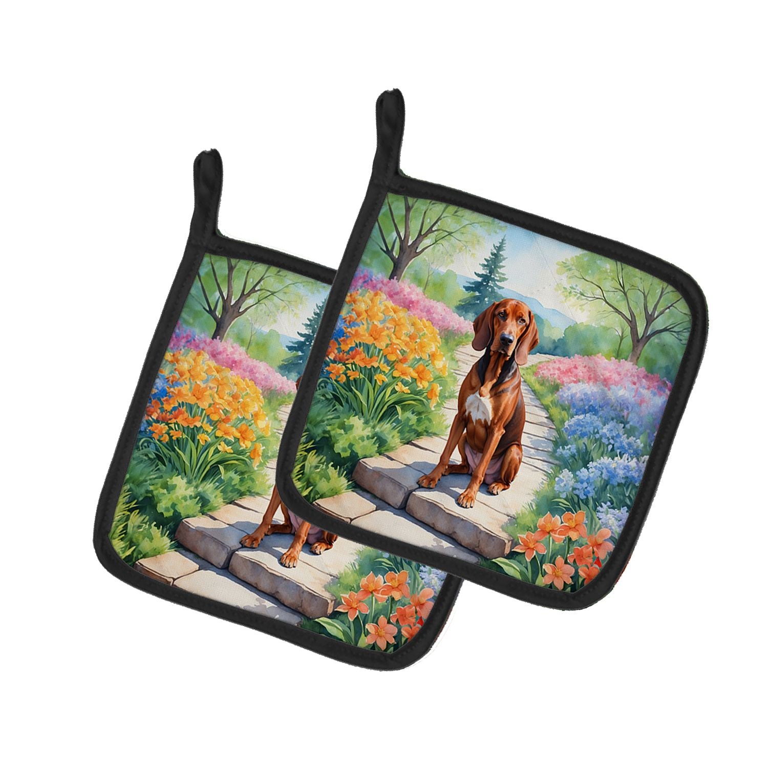 Redbone Coonhound Spring Path Pair of Pot Holders Kitchen Heat Resistant Pot Holders Sets Oven Hot Pads for Cooking Baking BBQ, 
