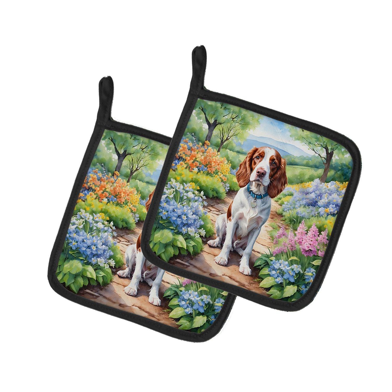 Welsh Springer Spaniel Spring Path Pair of Pot Holders Kitchen Heat Resistant Pot Holders Sets Oven Hot Pads for Cooking Baking 