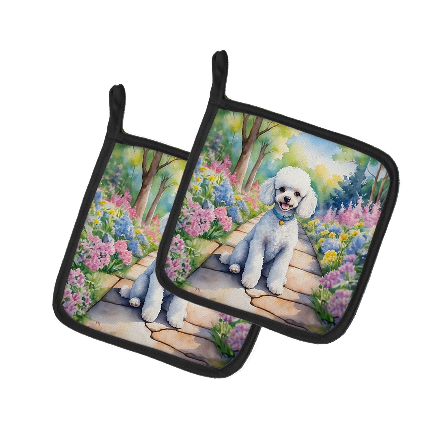 White Poodle Spring Path Pair of Pot Holders Kitchen Heat Resistant Pot Holders Sets Oven Hot Pads for Cooking Baking BBQ, 7 1/2