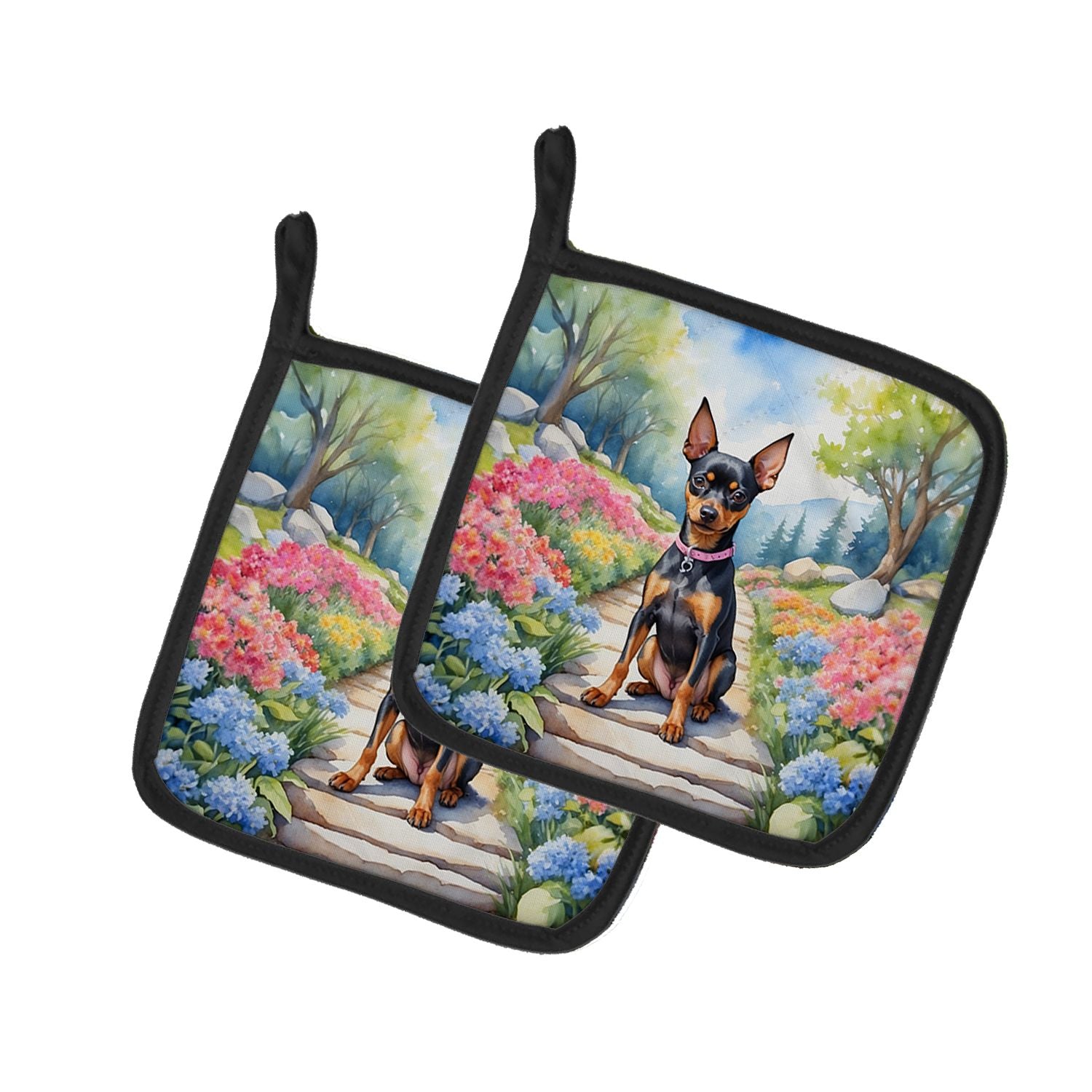 Miniature Pinscher Spring Path Pair of Pot Holders Kitchen Heat Resistant Pot Holders Sets Oven Hot Pads for Cooking Baking BBQ,