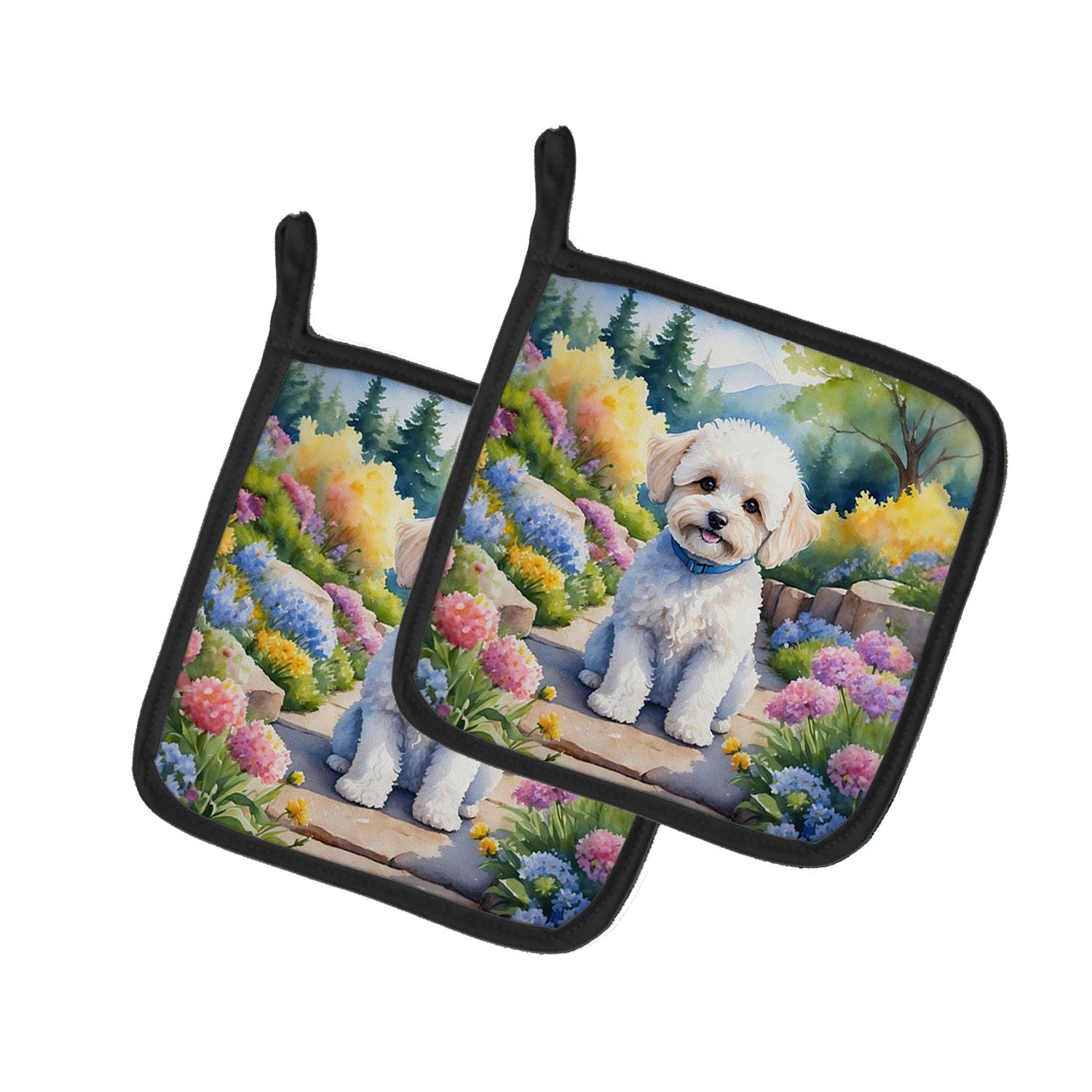 Maltipoo Spring Path Pair of Pot Holders Kitchen Heat Resistant Pot Holders Sets Oven Hot Pads for Cooking Baking BBQ, 7 1/2 x 7